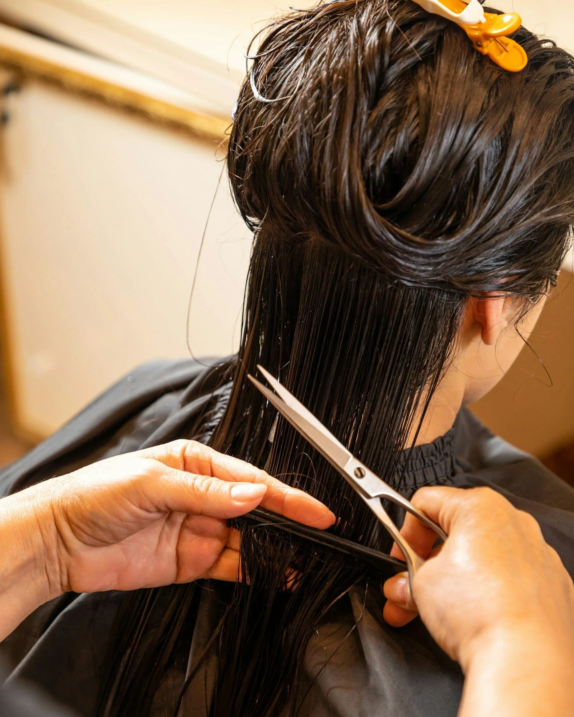 Person getting their hair cut at a salon, with scissors held by stylist and hair sectioned with a hair clip.