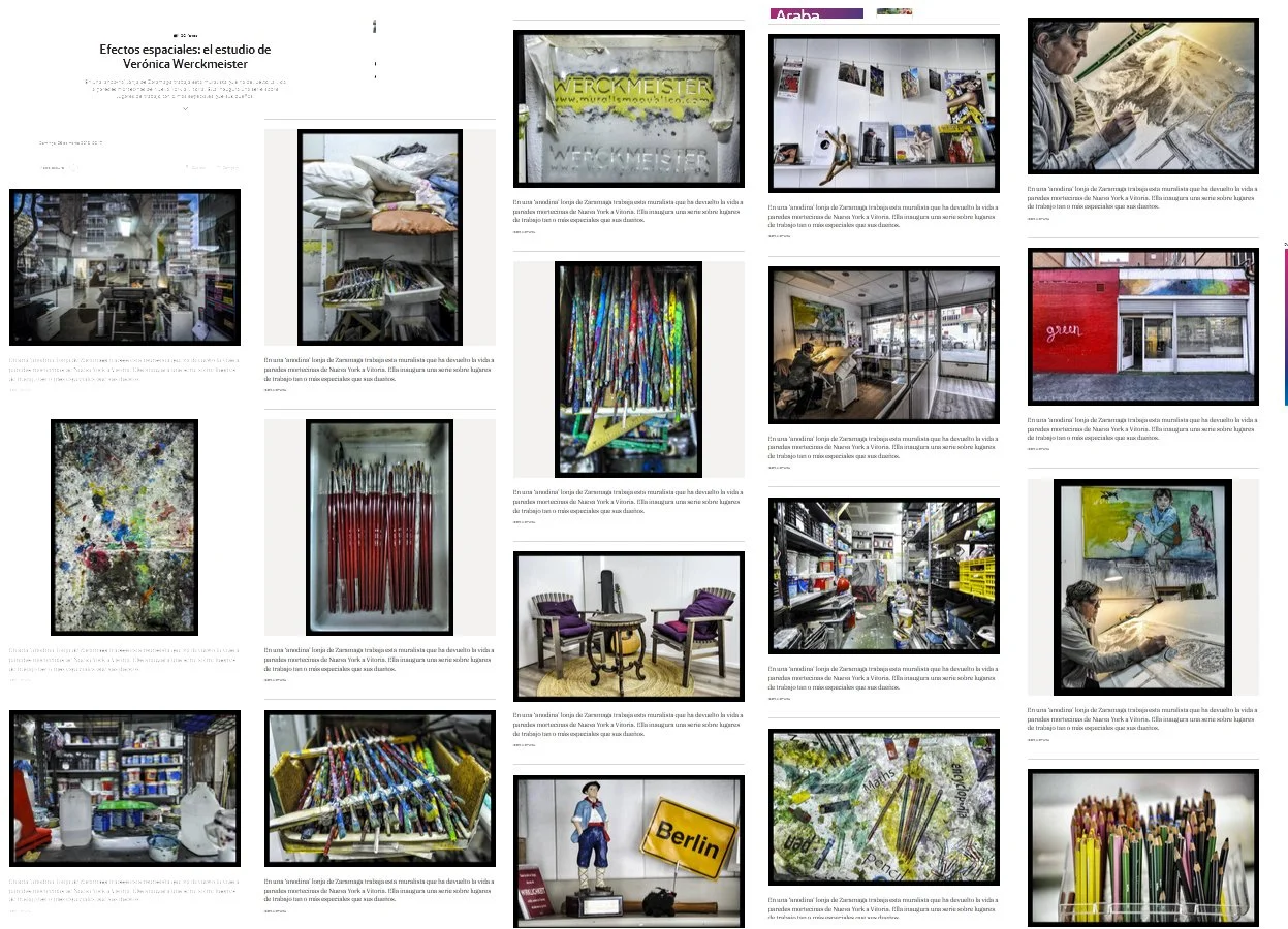 Collage of photographs showing an art studio with various artworks, art supplies, and artist at work.