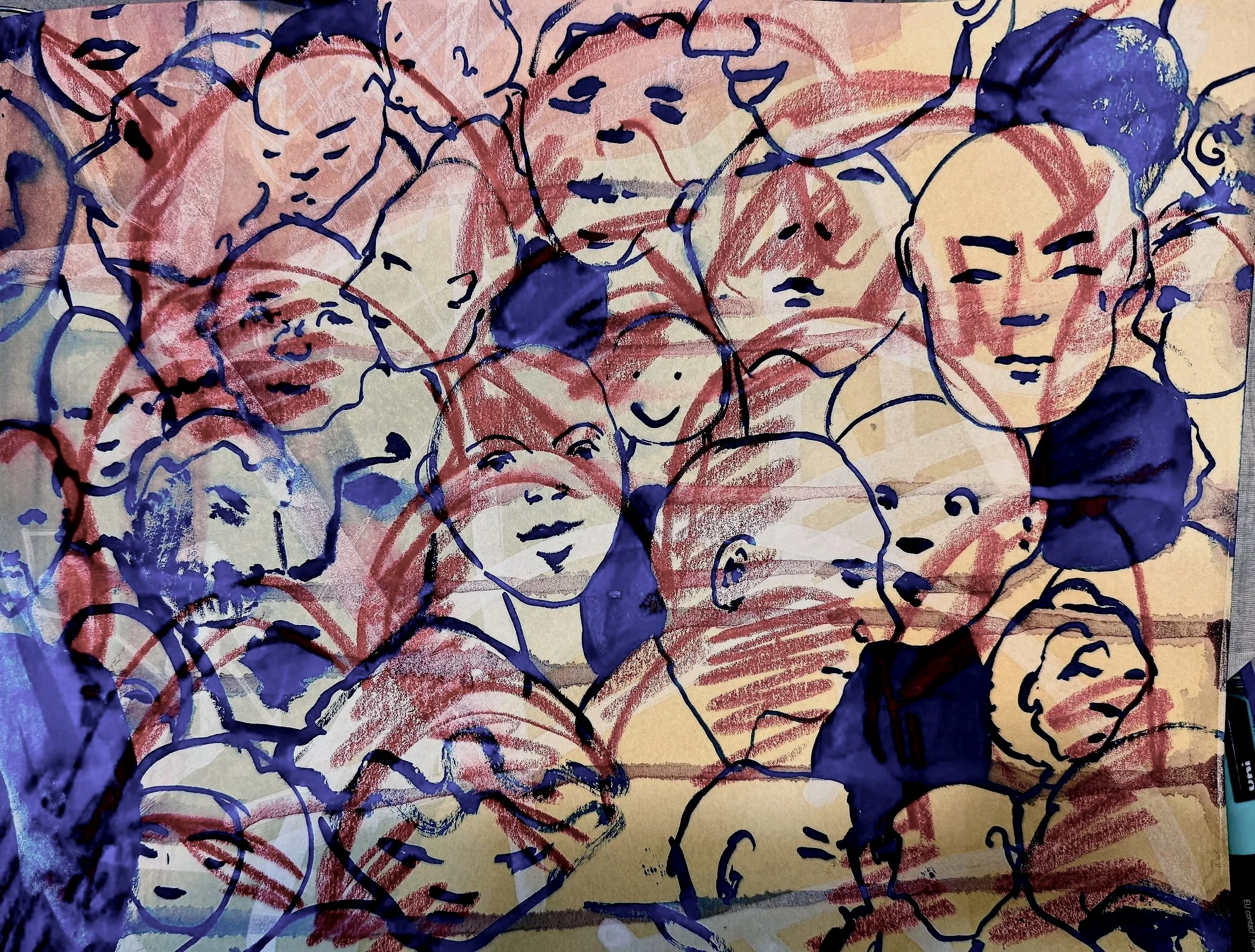 A colorful, abstract drawing of numerous diverse faces with varied expressions, drawn with blue and red lines on a tan background.