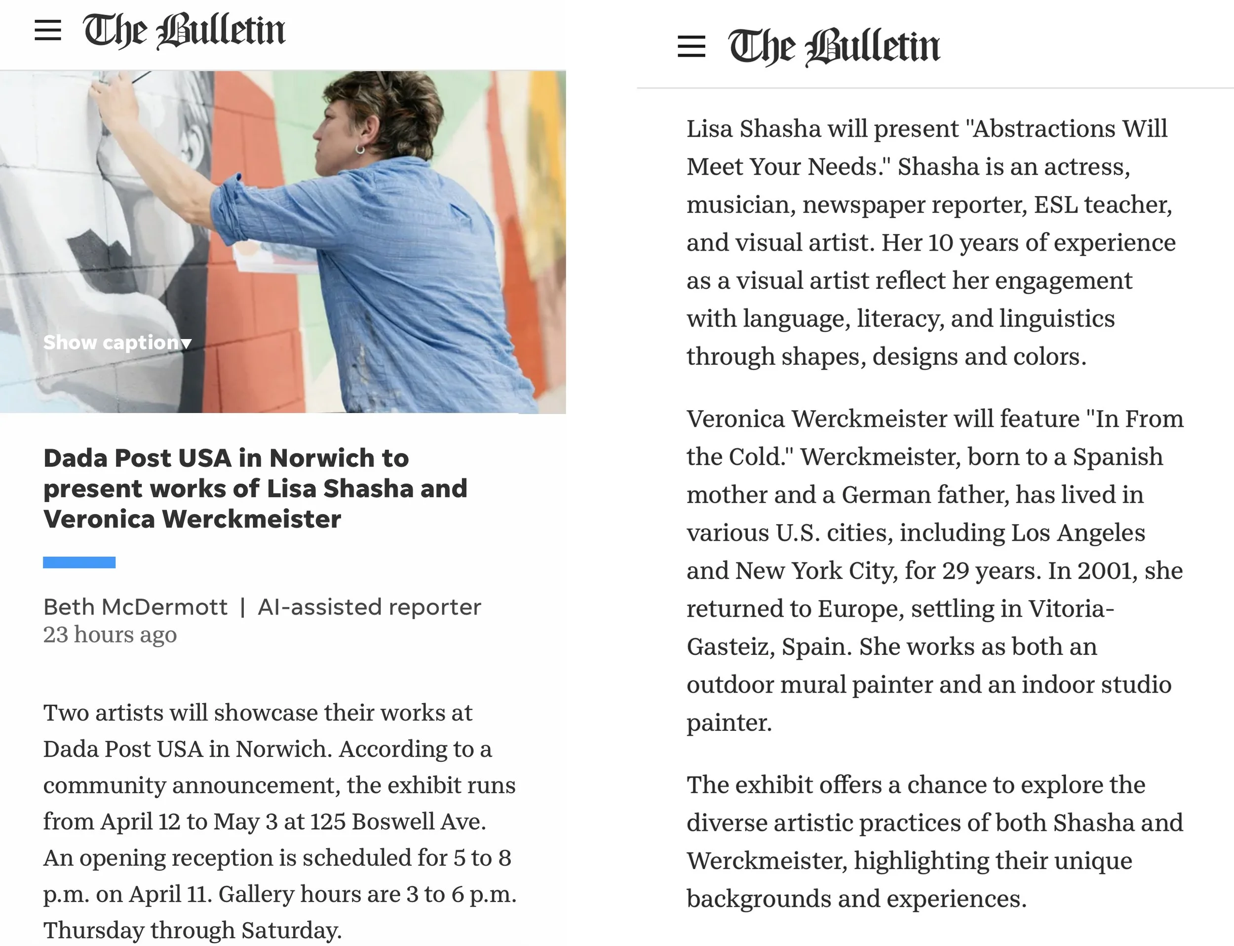 Photo of an artist painting a mural on an outdoor wall, wearing a blue shirt, with the caption "Show caption" overlayed.