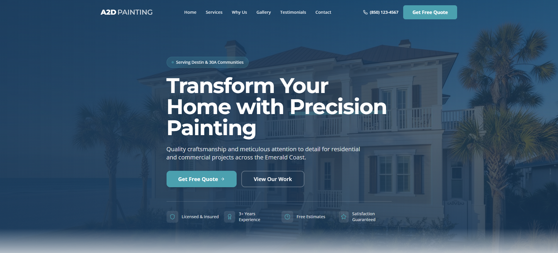 Screenshot of a home improvement company's website homepage with a large image of a house with palm trees, overlay text promoting precision painting services, and navigation menus at the top.