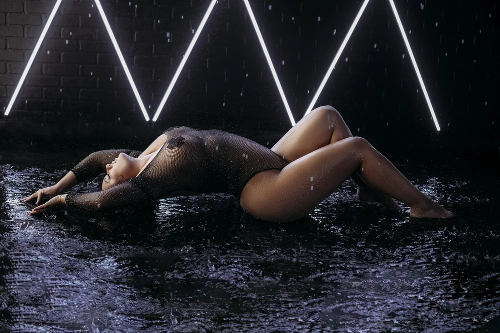 Rain Room boudoir set with falling water and cinematic light, Salt Lake City