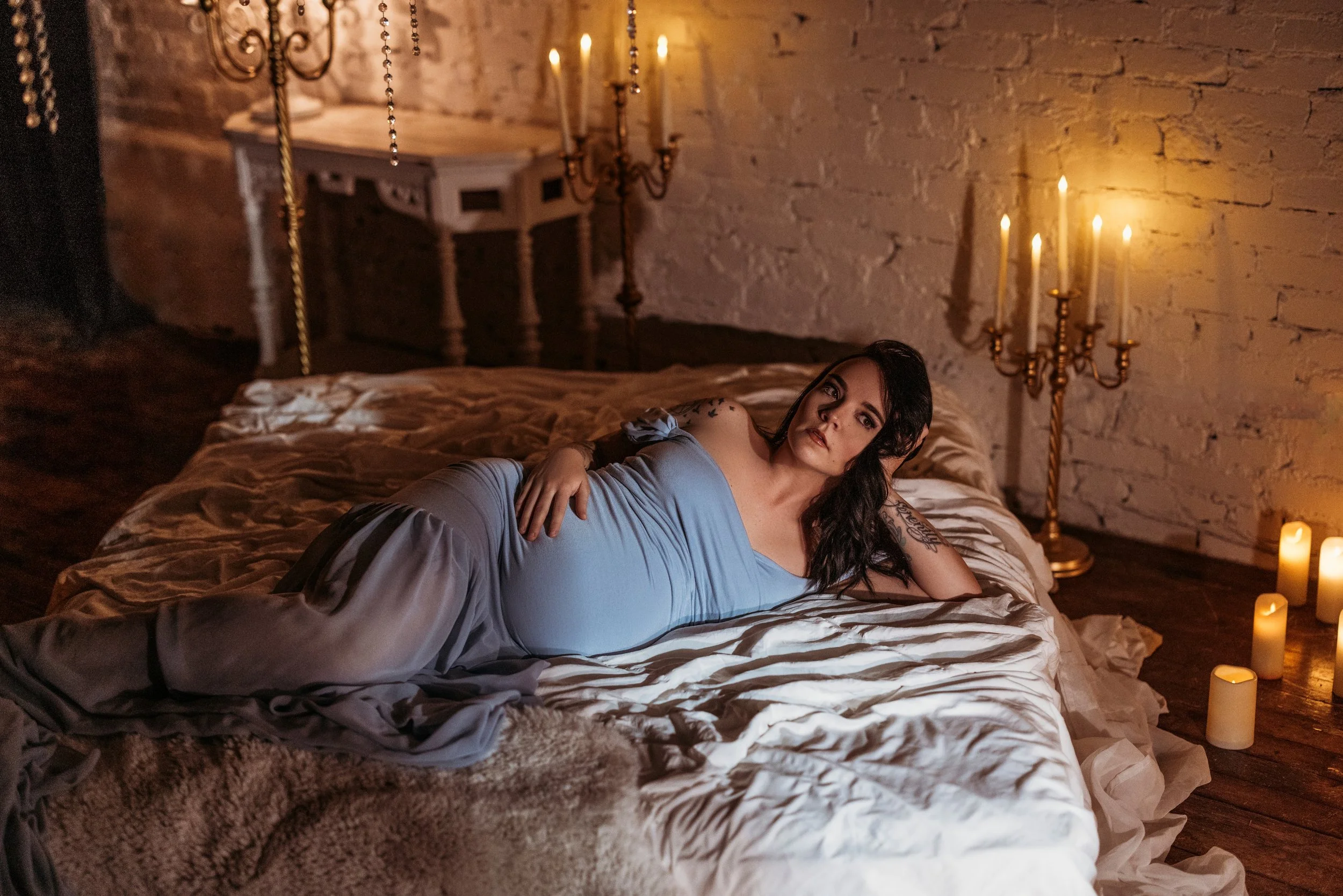 Maternity boudoir photography in Salt Lake City, Utah — expecting mother photographed in soft studio light at Blushed Boudoir