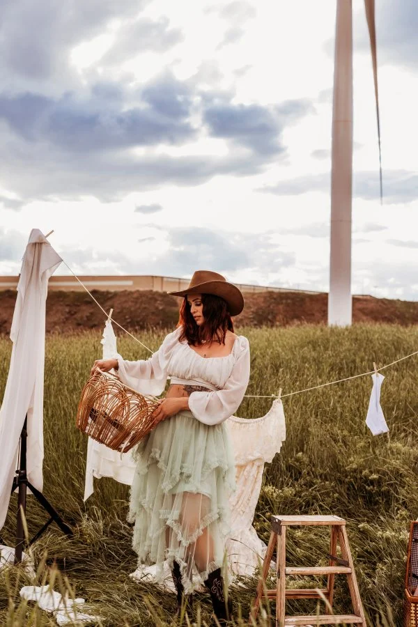 Milk Maid picnic outdoor boudoir session in a Utah meadow