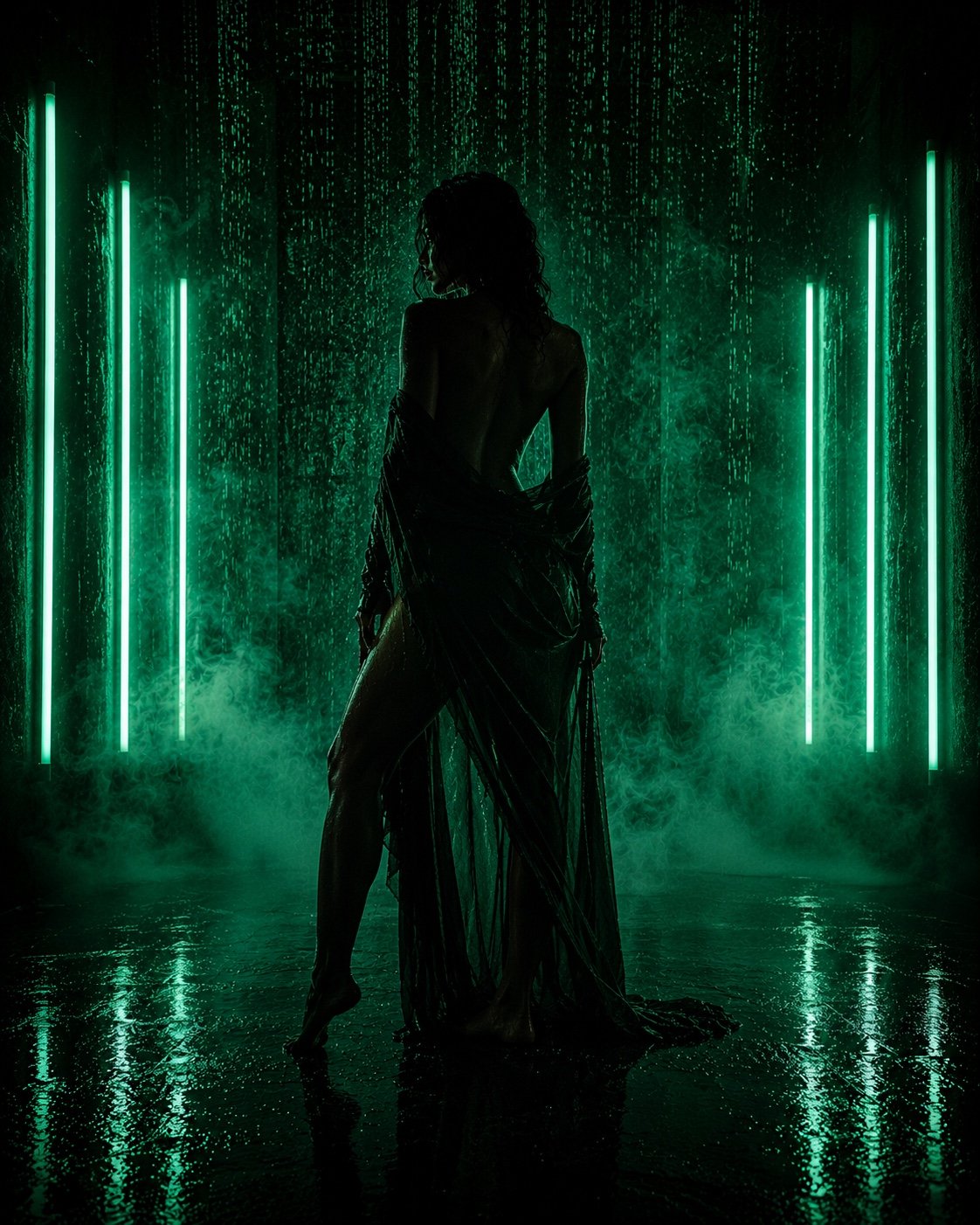 Green witch boudoir set in emerald neon at the Blushed Boudoir studio in Utah