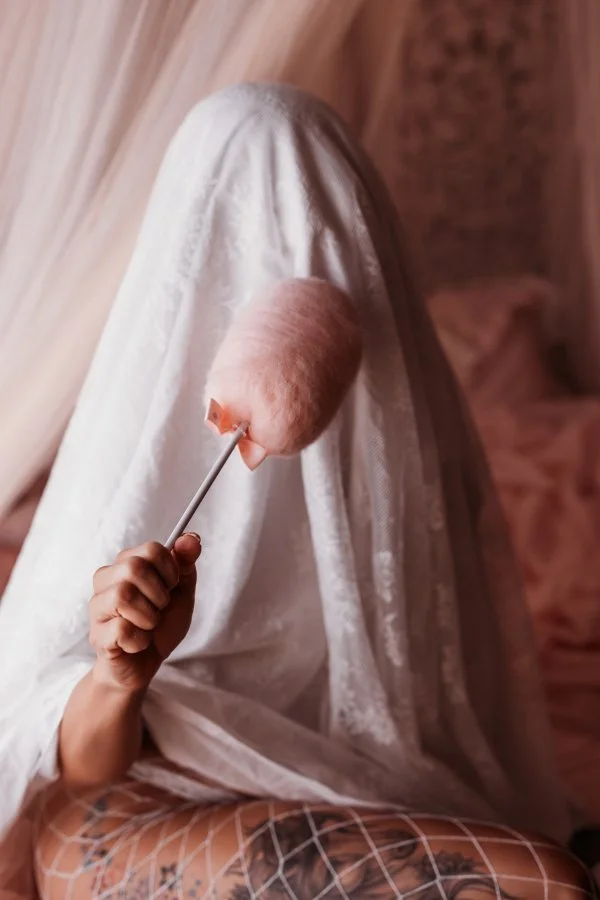 Pink cotton candy close-up with sheet ghost, Ghosts Halloween mini session Salt Lake City