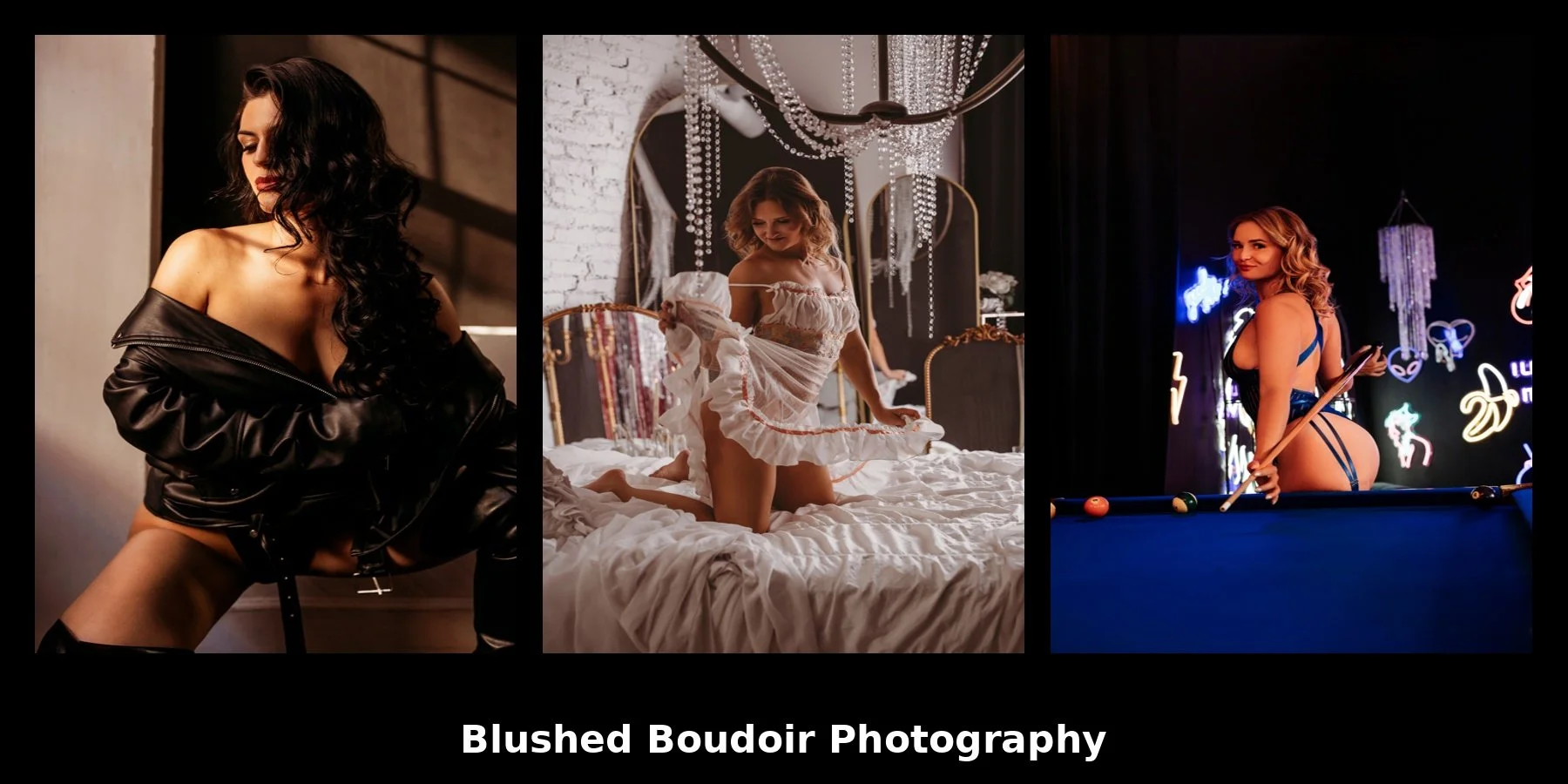 Luxury Utah boudoir photography collage featuring three women posing in elegant lingerie sets inside a private Salt Lake City boudoir studio
