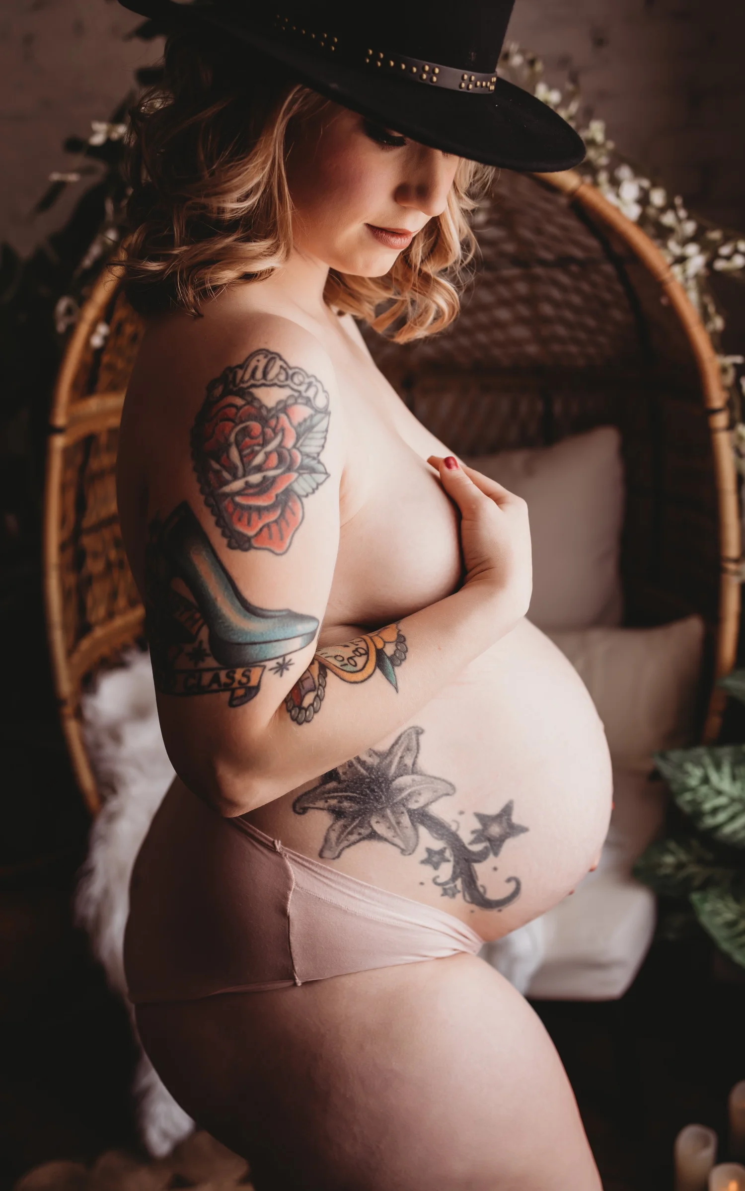 Third-trimester maternity boudoir portrait in a private Salt Lake City studio