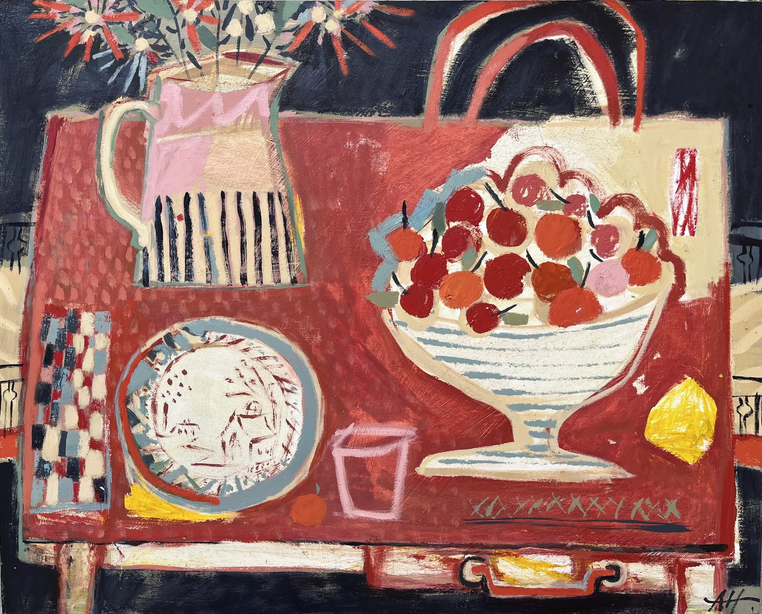 Red Cherries - Oil on panel 41x51 cms framed available at Cricket Fine Art London