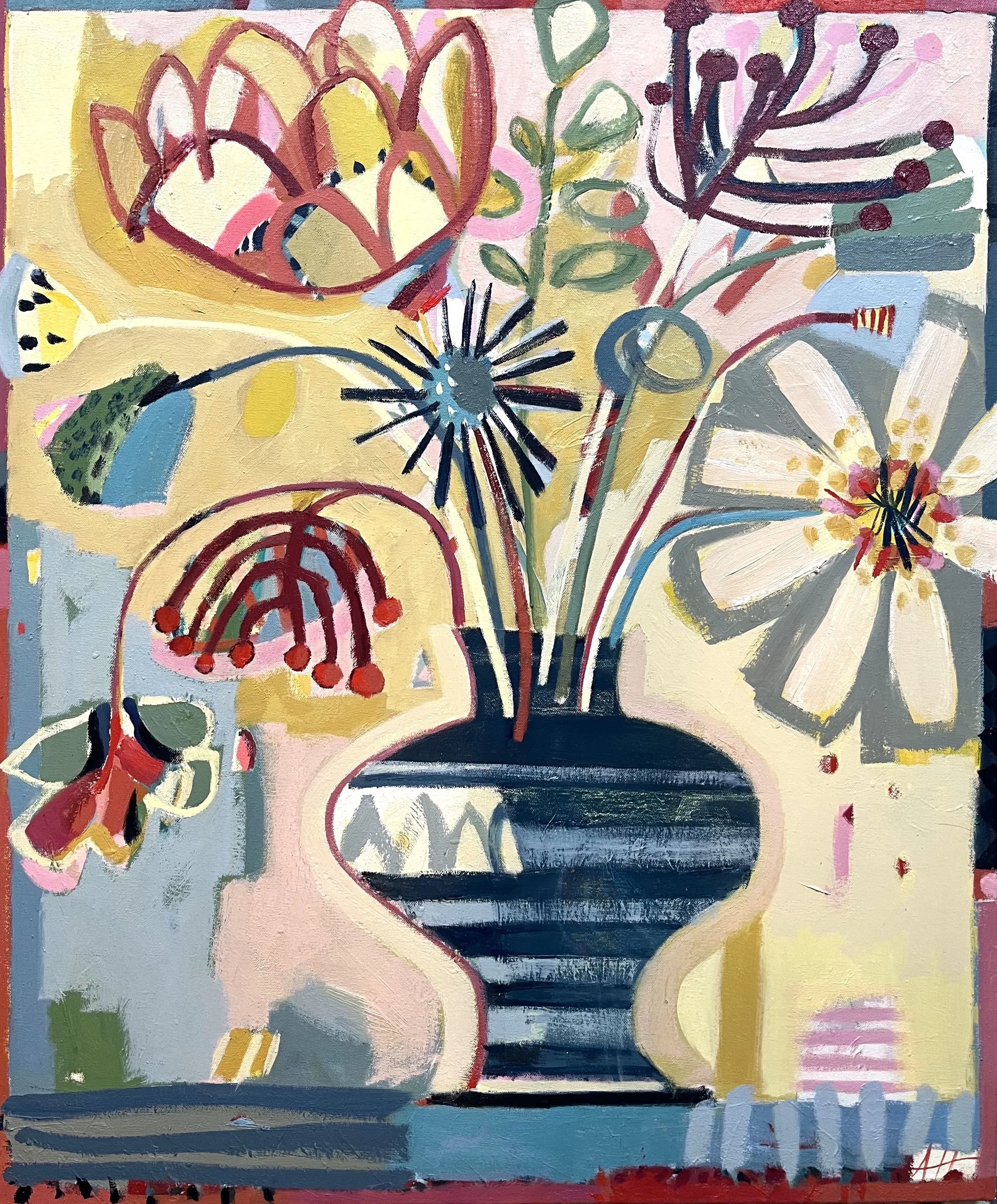 Stripy Vase of Flowers - oil on canvas 80 x 95 cm inc frame available at Cricket Fine Art London