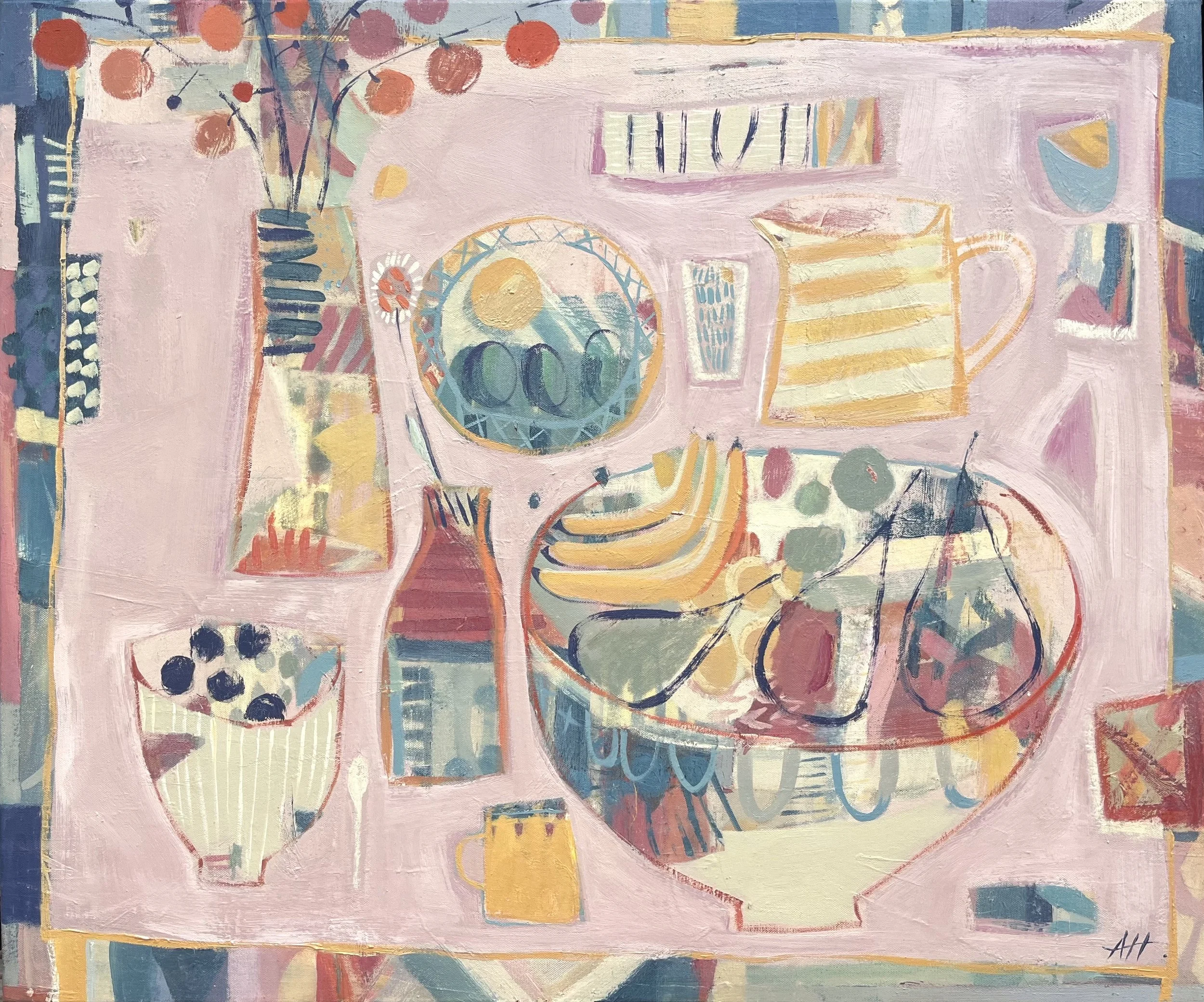 Pink Tabletop - oil on canvas 80 x 95 cm inc frame available at Cricket Fine Art London