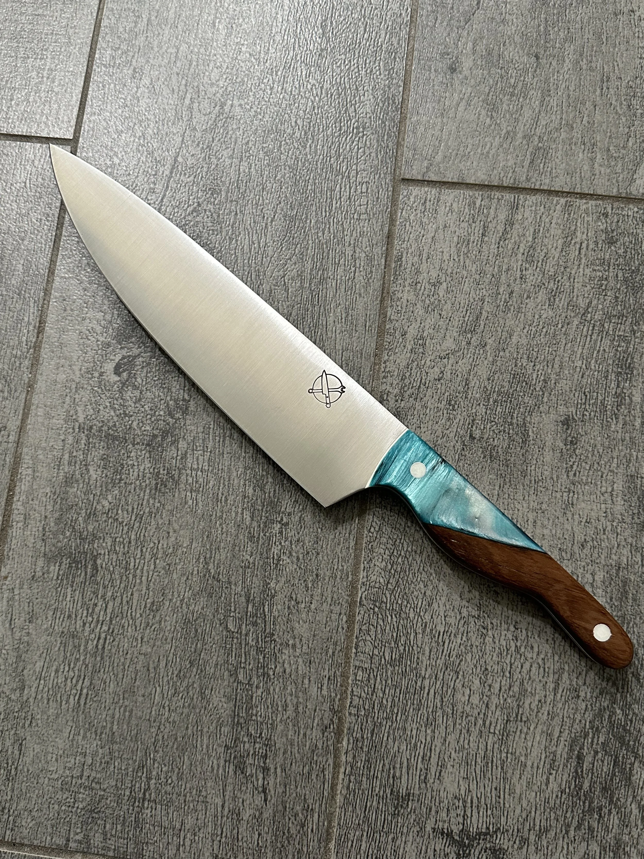 The Mule — 8" Chef's Knife in AEB-L | BWP One-Off ShokRes Pour with New Zealand Childhood Farm Fence Post | Solid White ¼" Pins — SOLD | This one started with a fence post. Not just any fence post — one pulled from a friend's childhood farm in New Ze