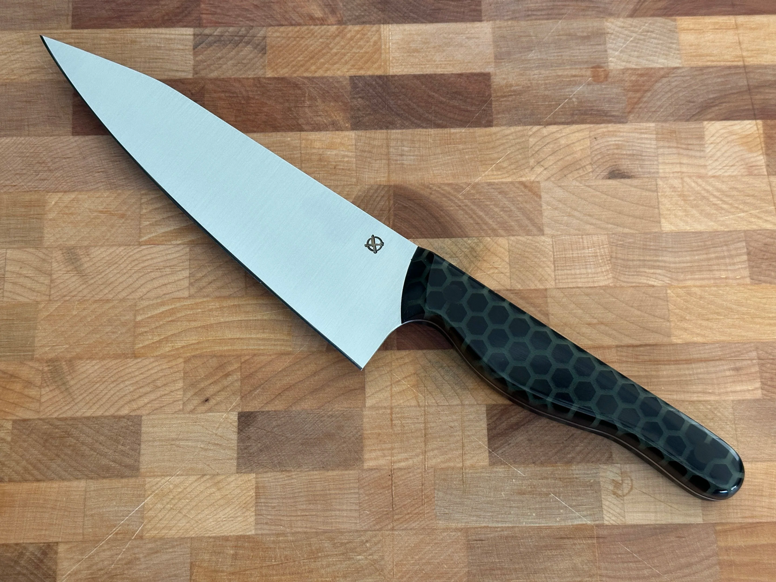 6" K-Tip Chef's Knife Prototype in AEB-L | BWP Hex Core Glow in the Dark Scales — Black Resin Hex Pattern in Green Glow Resin | Solid ¼" Carbon Fiber Pins — GIFTED | A prototype built for BCB's most loyal collector with one brief — thin spine, full c