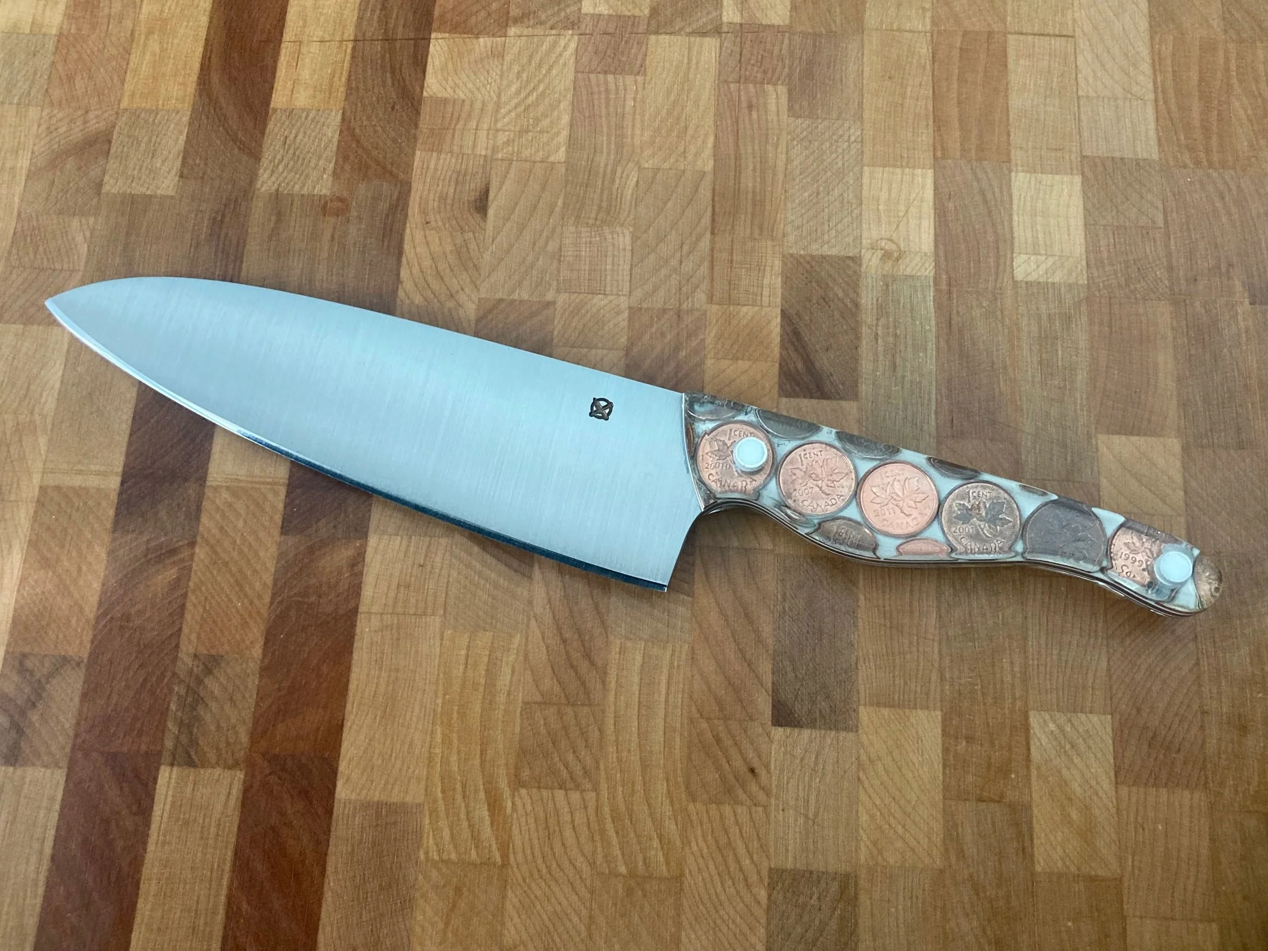 The Wasatch — 7" Chef's Knife in AEB-L | Clear Resin with Canadian Pennies | White G10 Liners, White Epoxy & White ¼" Pins — GIFTED | Created for Peter Andrew Lusztyk — acclaimed Canadian fine art photographer and creator of the  1 Project, a landmar