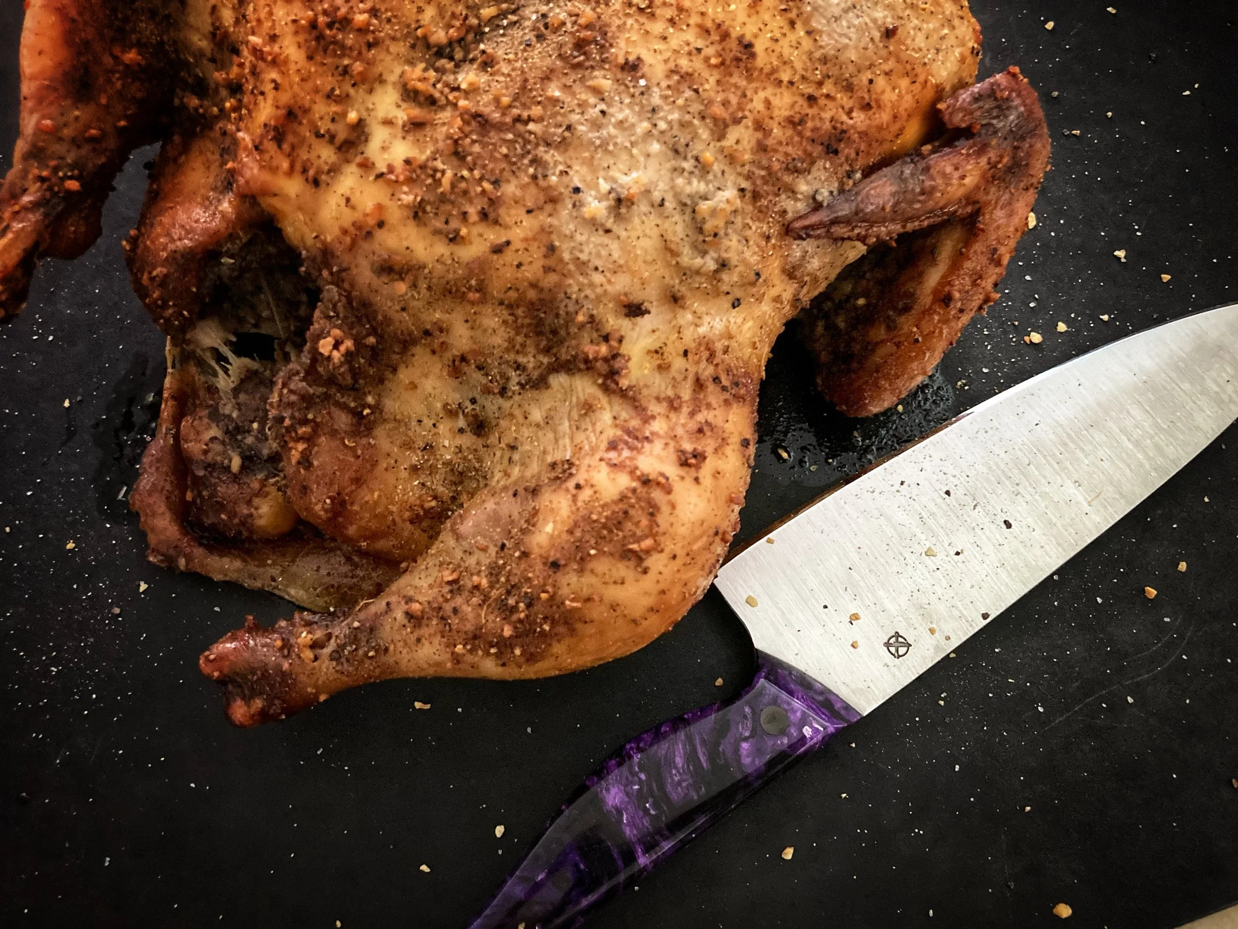 The Wasatch — 7" Chef's Knife in AEB-L | BWP Purple & Black ShokRes | Solid ¼" Carbon Fiber Pins — GIFTED | Made for Mrs. BCB. Purple and black ShokRes that looks as good on the counter as it does in her hand. She uses it daily and has made it very c