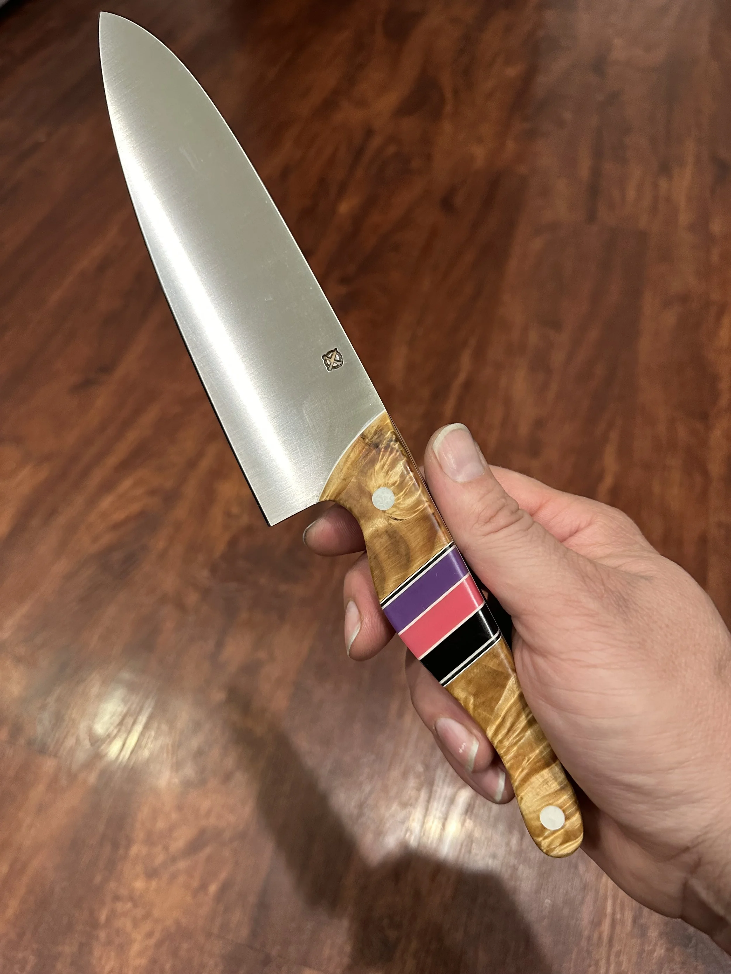 The Wasatch & Gen 1 Paring Knife Set — AEB-L | Flaming Boxelder Burl | Cancer Ribbon Color Segments | White Liners & White Pins — GIFTED | This commission came to me while I was recovering from my own cancer battle — a full thickness eyelid skin graf