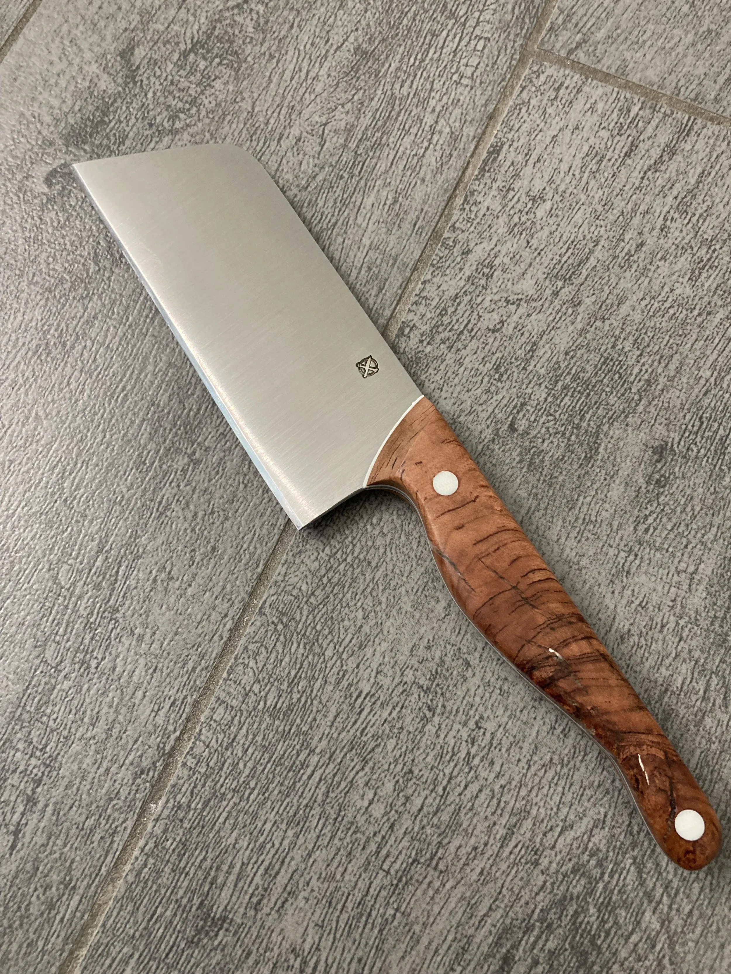 Pointed Nakiri in AEB-L | Redwood Burl | Solid White ¼" Pins & White Liners — GIFTED | The second BCB knife made for Peter Andrew Lusztyk. Where the  1 penny knife carries his artistic legacy, this one carries something more personal — redwood burl c
