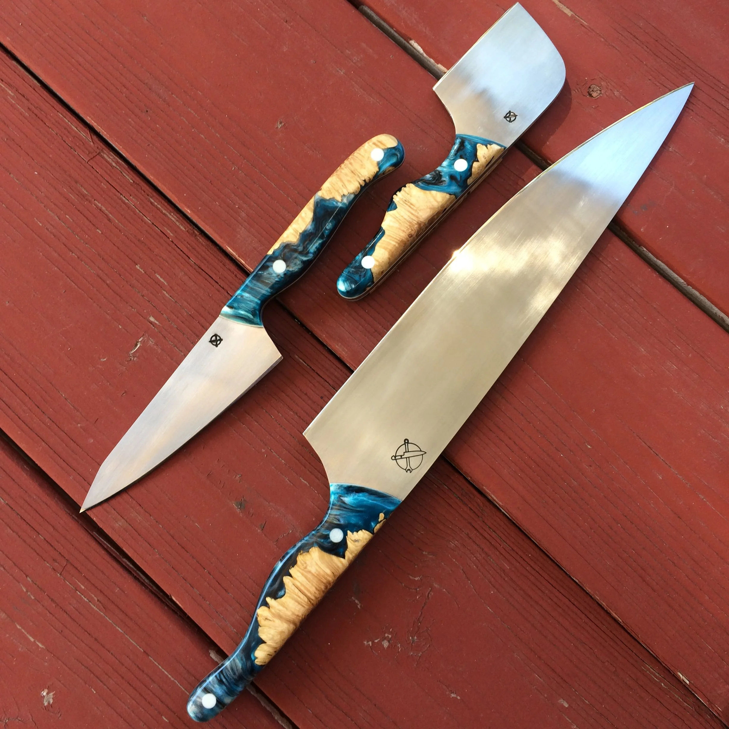 The Clydesdale, 6" Petty Knife & The Prison Shank — 3pc Custom Set in AEB-L | BWP ShokWood — Stabilized Maple Burl with Blue, Black & White Resin | Solid White Liners — SOLD | Built for Celebrity Chef Jonathan Scinto. Three knives, one cohesive visio