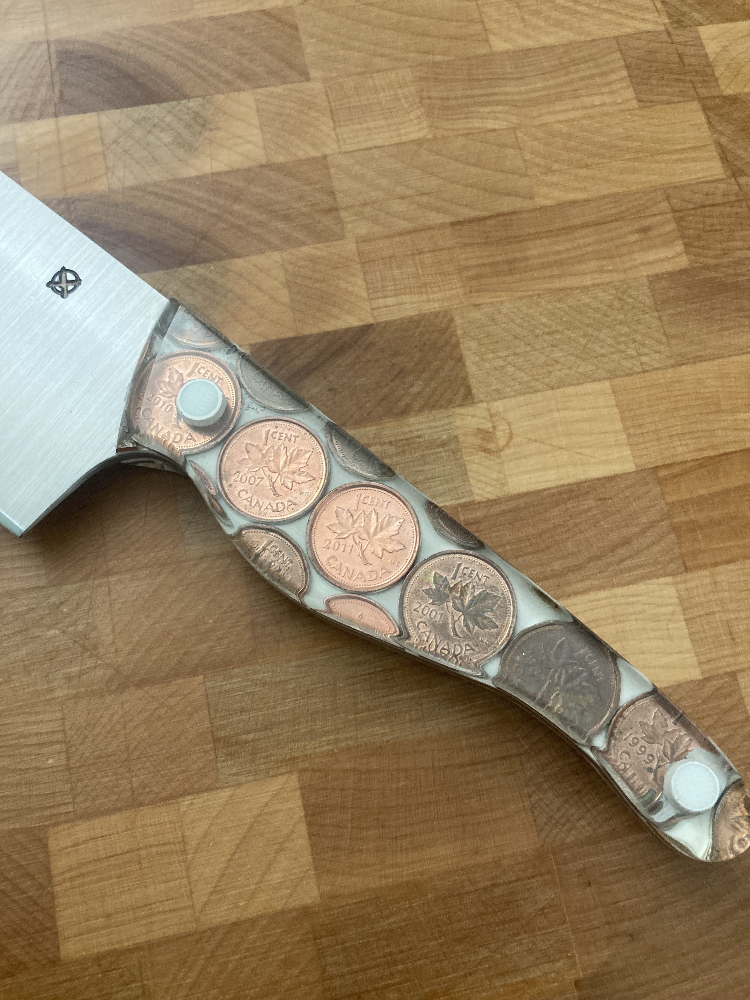 The Wasatch — 7" Chef's Knife in AEB-L | Clear Resin with Canadian Pennies | White G10 Liners, White Epoxy & White ¼" Pins — GIFTED | Created for Peter Andrew Lusztyk — acclaimed Canadian fine art photographer and creator of the  1 Project, a landmar