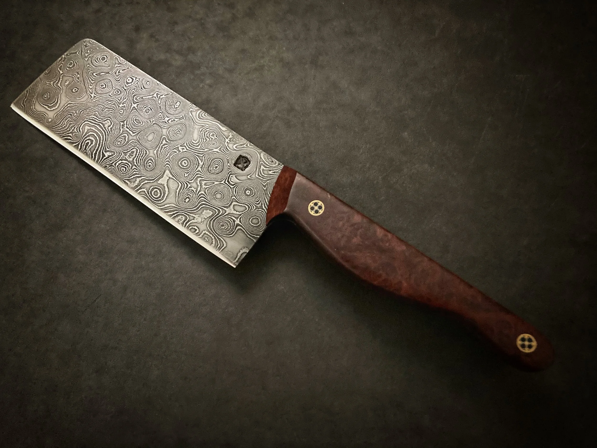 The Bonneville — Nakiri in Buckshot High Carbon Damascus | Manzanita Burl | ¼" Mosaic Pins — SOLD | Buckshot Damascus raindrop pattern paired with manzanita burl — a dense desert shrub wood with figure that rewards a closer look. This one found its h