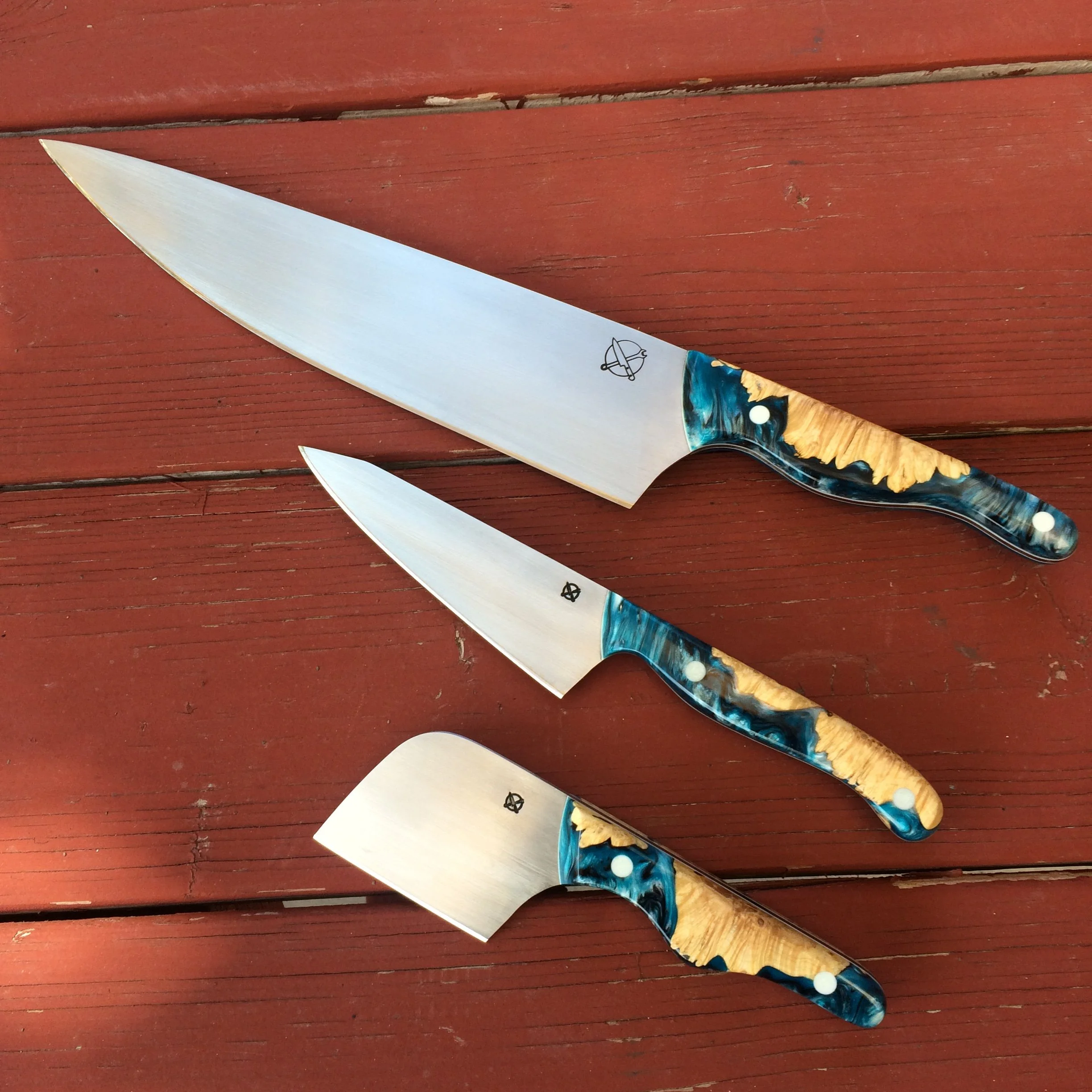 The Clydesdale, 6" Petty Knife & The Prison Shank — 3pc Custom Set in AEB-L | BWP ShokWood — Stabilized Maple Burl with Blue, Black & White Resin | Solid White Liners — SOLD | Built for Celebrity Chef Jonathan Scinto. Three knives, one cohesive visio