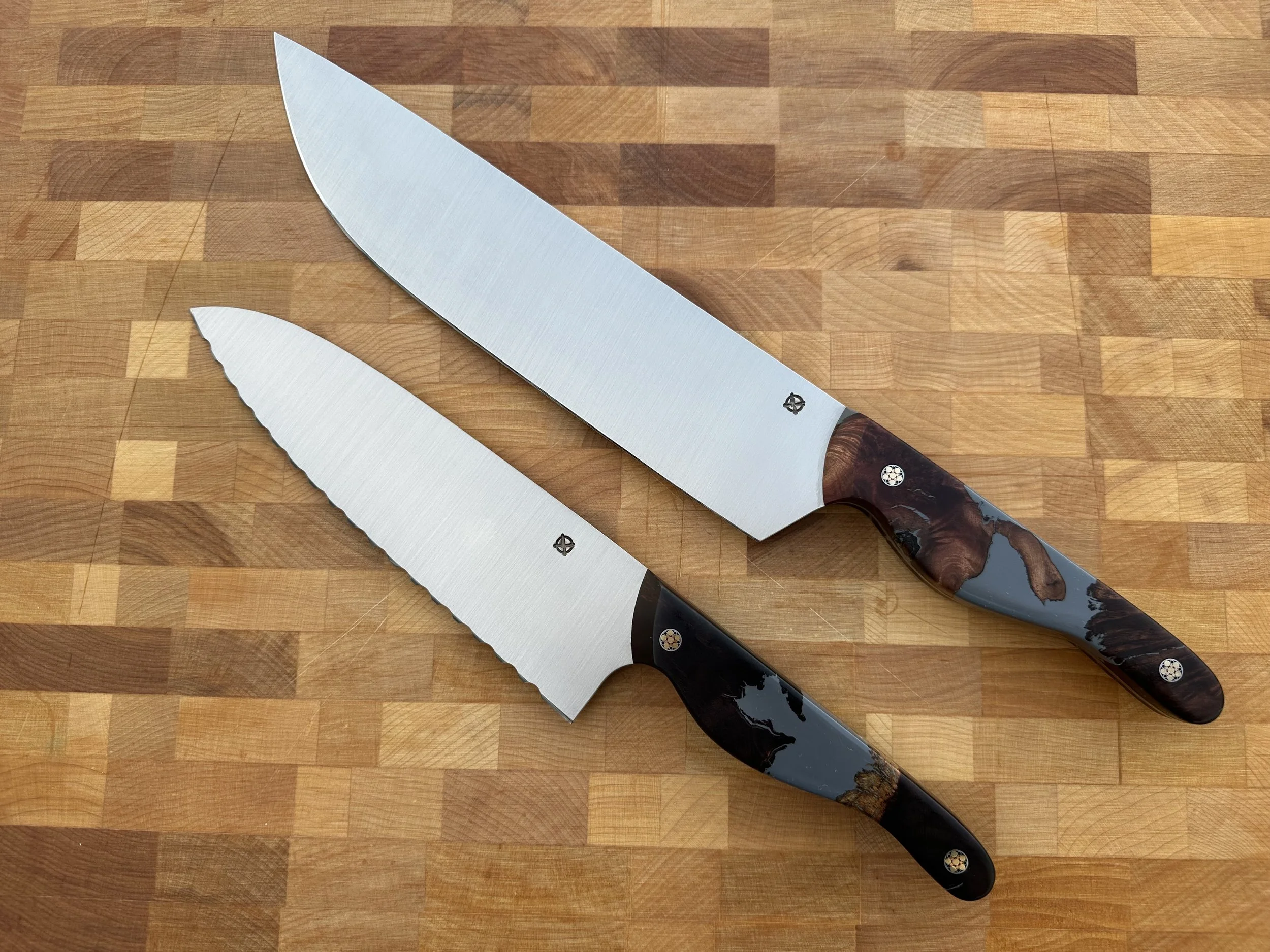 The Wasatch & 9" BBQ Knife — Matched Pair in AEB-L | Manzanita Burl & Grey Shark Resin | ¼" Mosaic Pins — SOLD | Built for BCB's most loyal collector — a serious home chef who by our count owns more Blue Collar Blades creations than anyone on earth. 