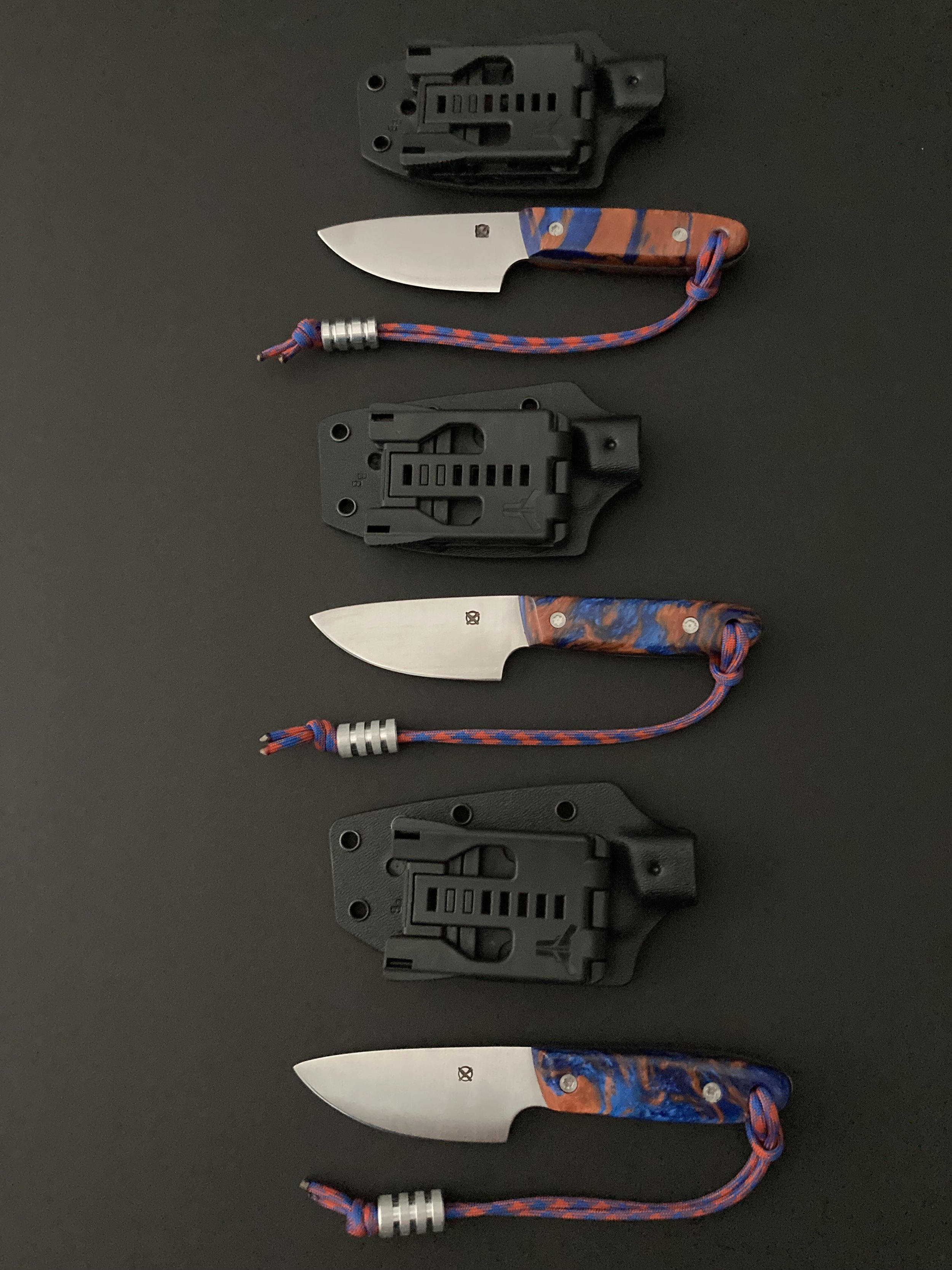 The Samson — 3pc Corporate Commission in S35VN | BWP Custom Orange & Blue ShokRes | American Made Torx Fasteners, Paracord & Aluminum Paracord Beads | Custom Kydex Sheaths by David Brown of BuyBrown — GIFTED | A telecom company in the Dallas area nee