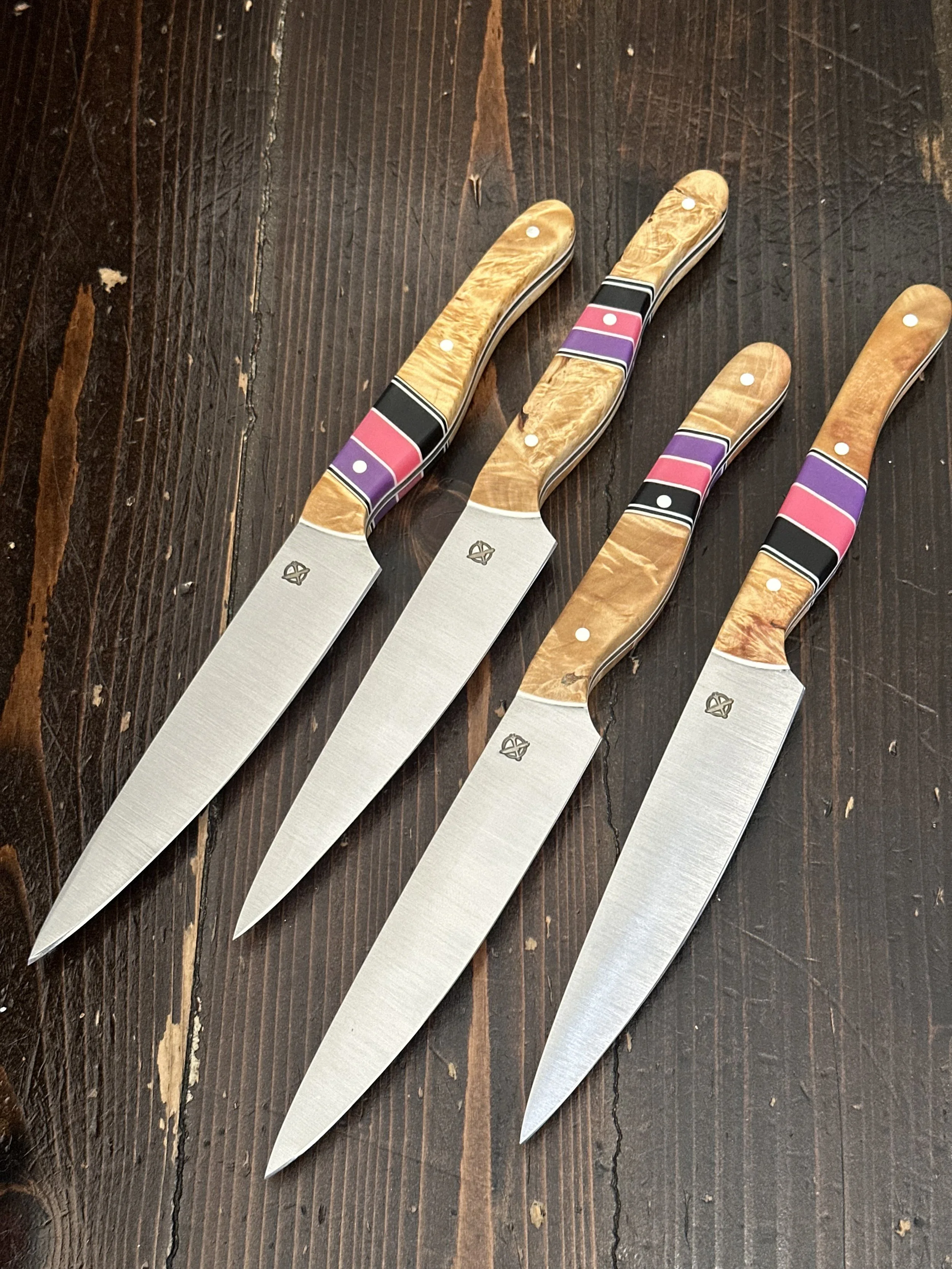 The Wasatch & Gen 1 Paring Knife Set — AEB-L | Flaming Boxelder Burl | Cancer Ribbon Color Segments | White Liners & White Pins — GIFTED | This commission came to me while I was recovering from my own cancer battle — a full thickness eyelid skin graf