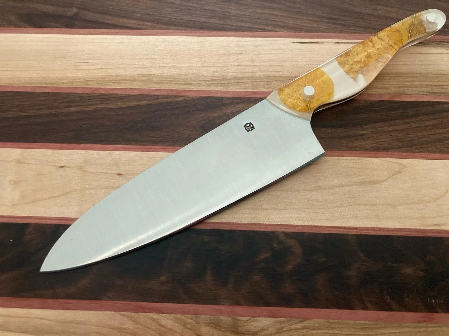 The Wasatch — 7" Chef's Knife in AEB-L | Clear Resin with Family Tree Fall Leaves | White Liners, White Epoxy & White Fiberglass Pins — SOLD | When your handle material supplier is also your friend and asks you to make something heirloom for his spou