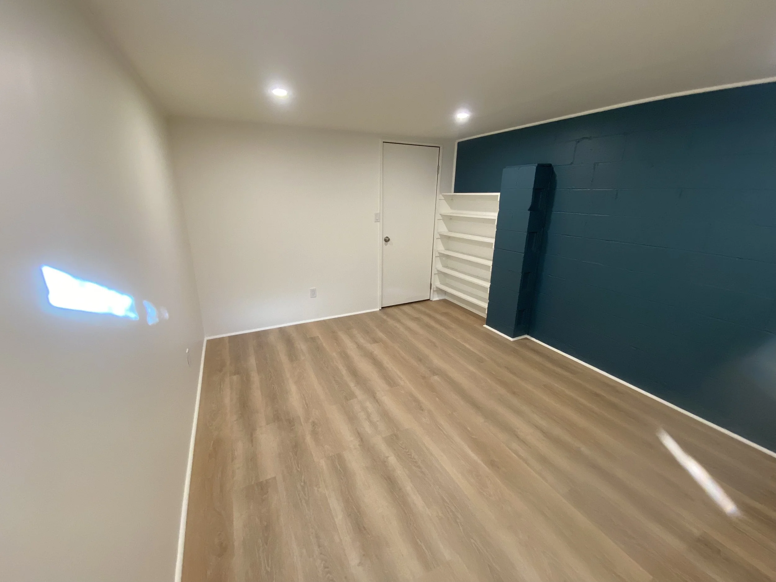 Empty room with white walls, a dark blue accent wall, wood flooring, ceiling lights, a closed door, and built-in white shelves.