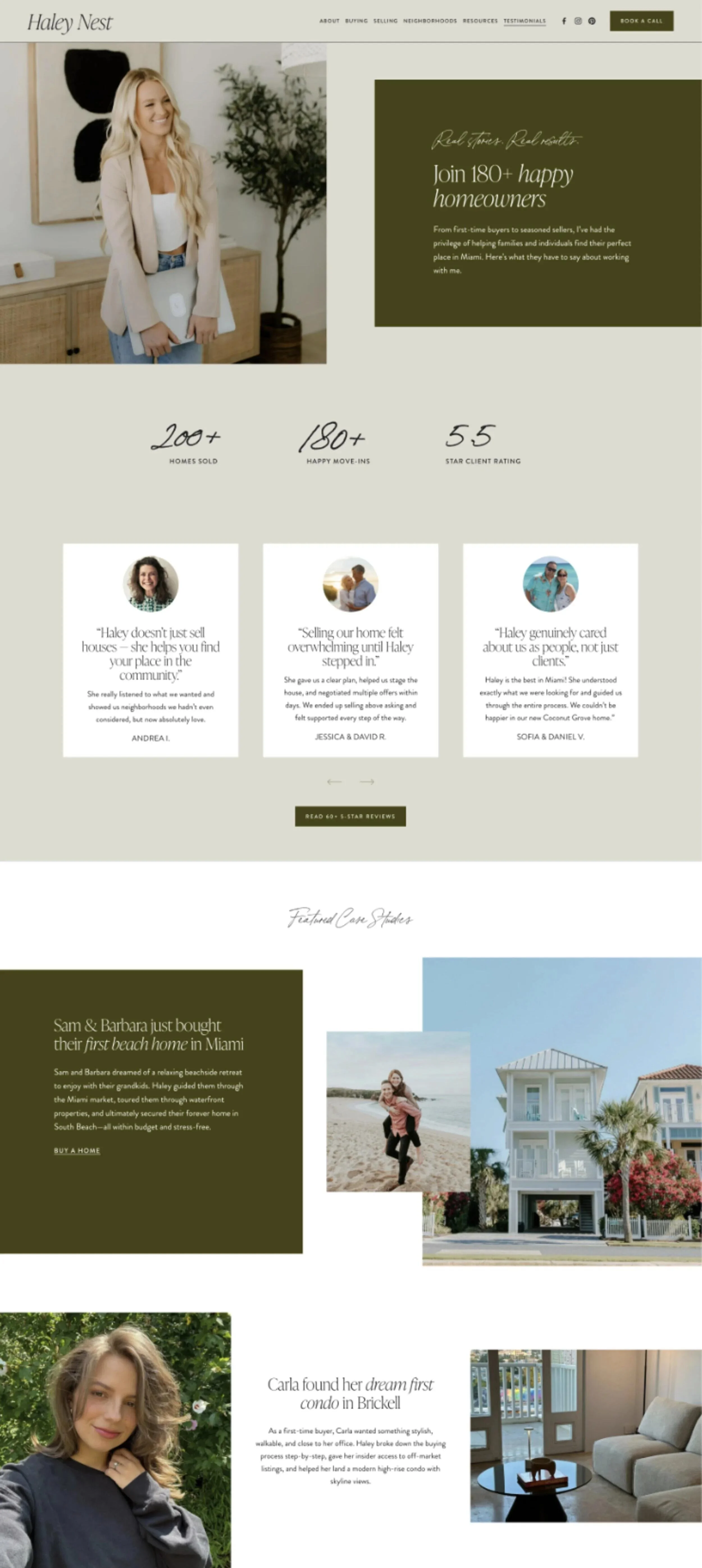 Testimonials page design of Nest, a realtor website template for Squarespace.