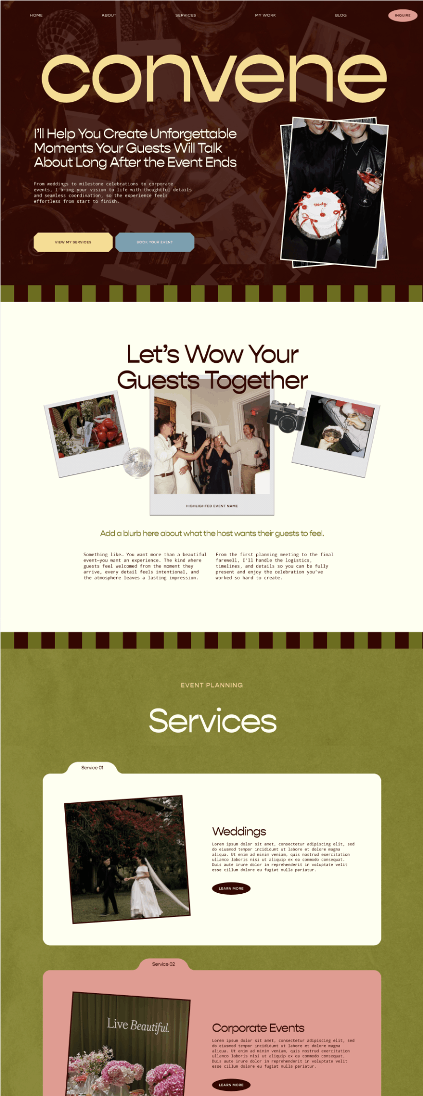 Home page of Convene, a Squarespace website template for wedding planners and service-based businesses.