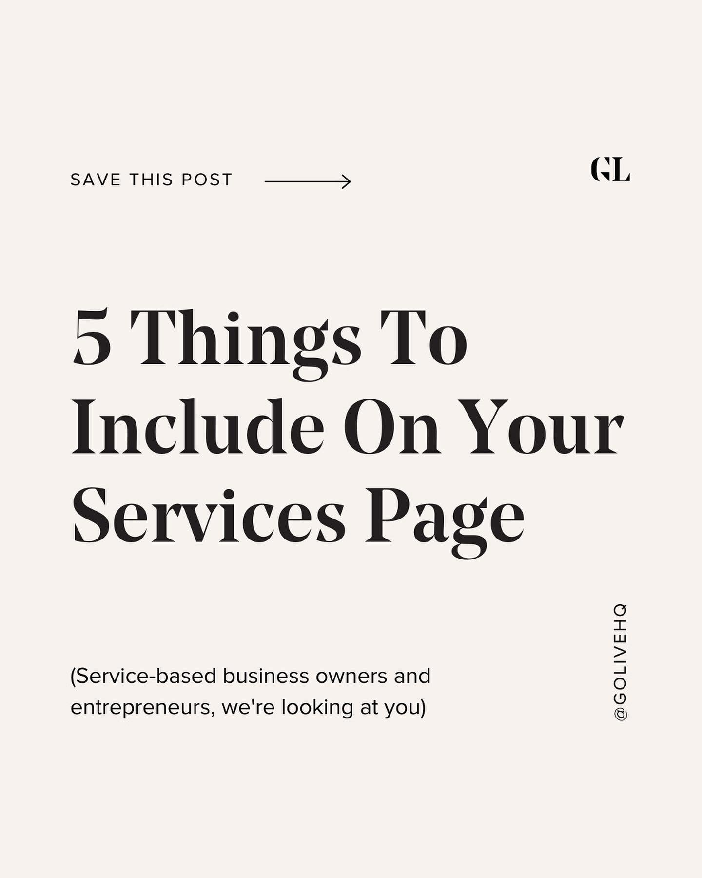 📣 Listen up: if you aren't seeing steady conversion from your services page, it's probably because it needs a strategic face lift.
⠀⠀⠀⠀⠀⠀⠀⠀⠀
👉 There are 5 key things your services page should include to help you clearly communicate what you do, wha