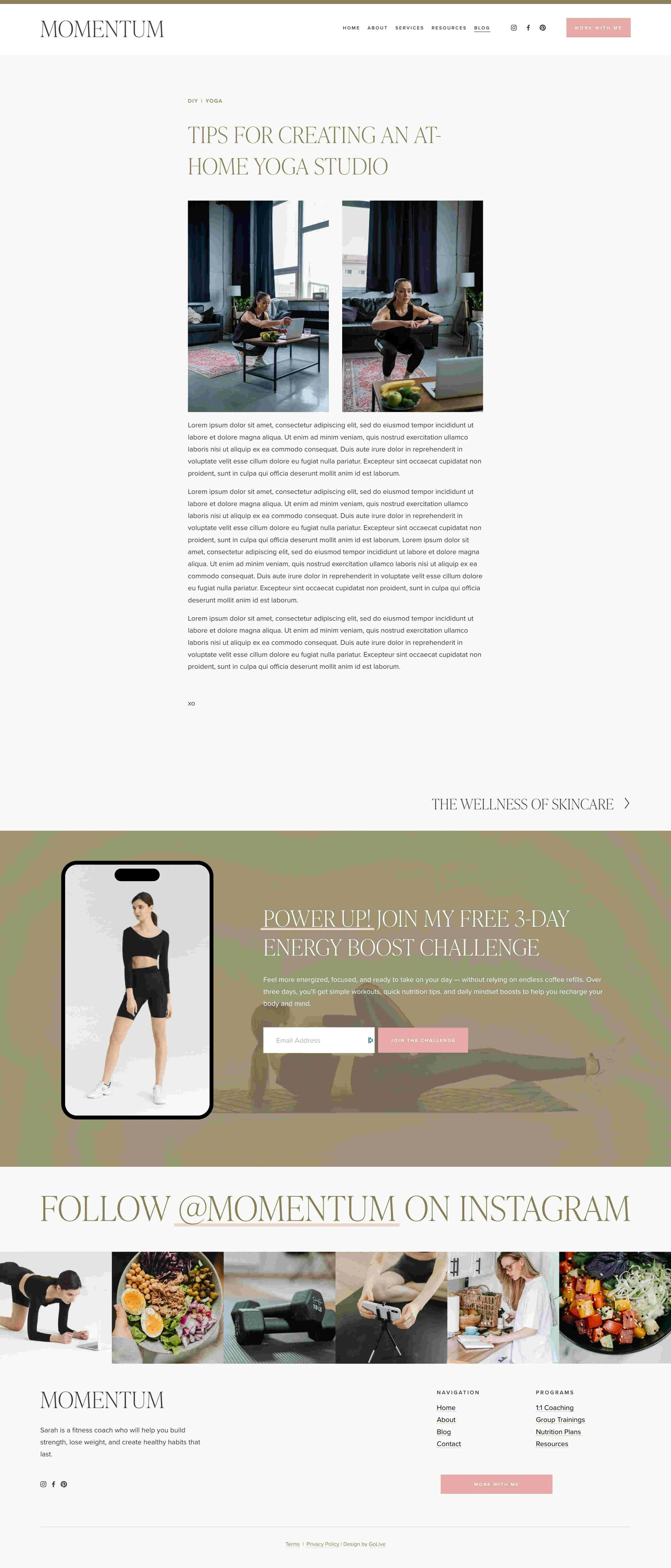 Blog post page design of Momentum, a fitness trainer website template for Squarespace.