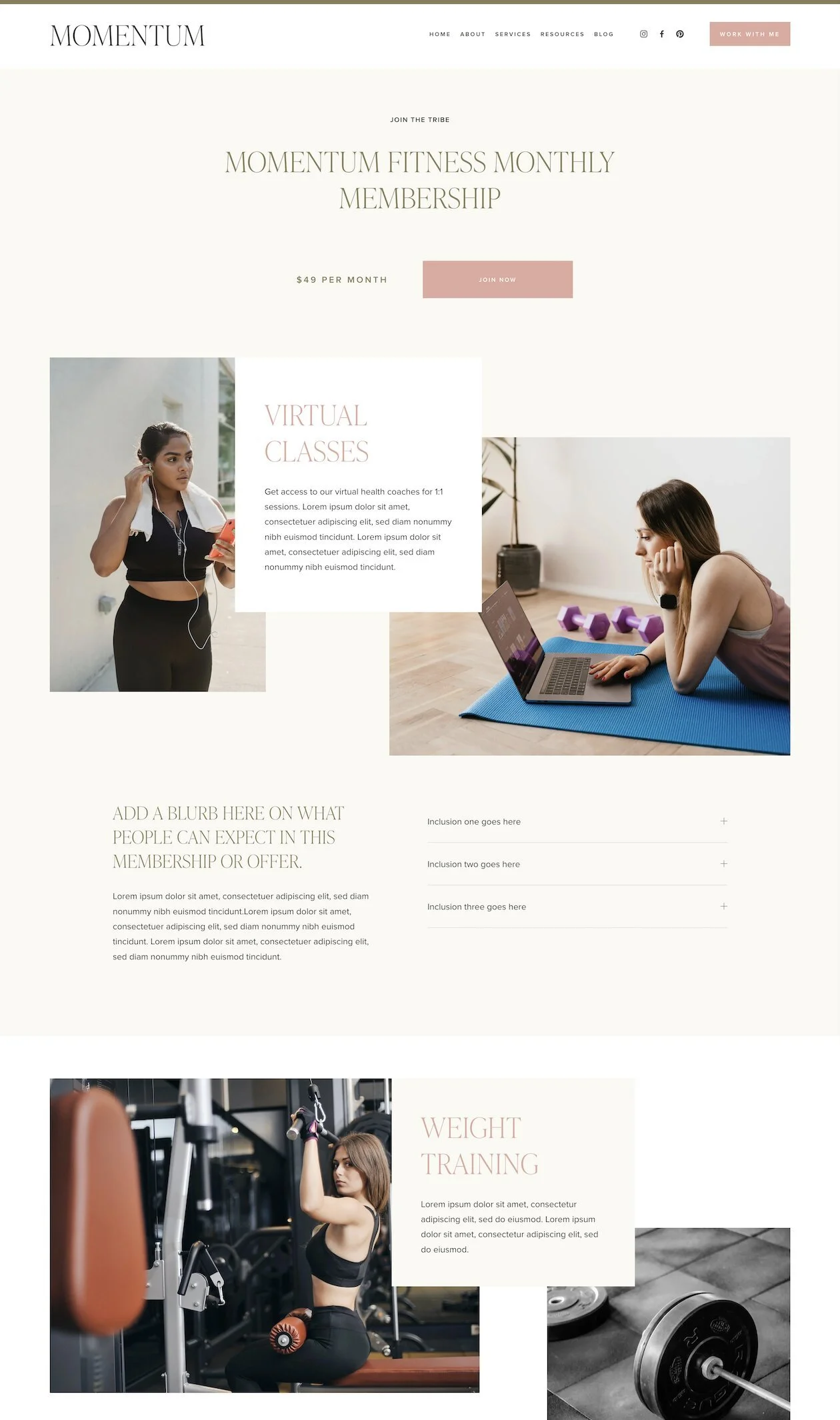 Membership Sales page design of Momentum, a fitness trainer website template for Squarespace.