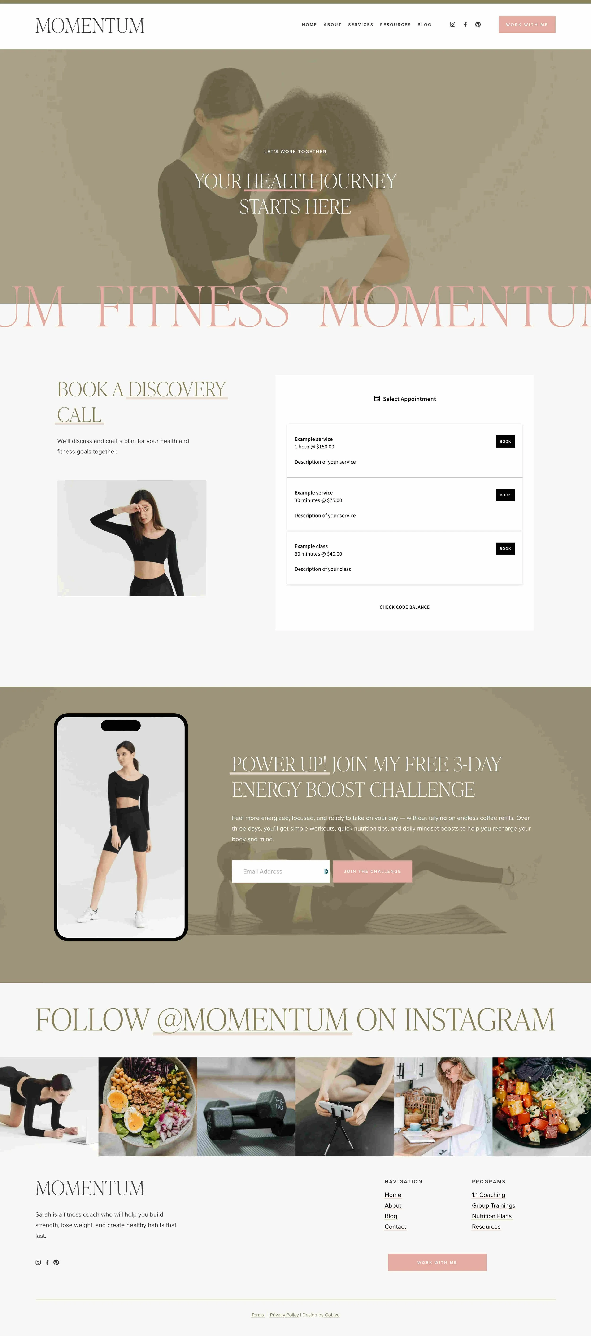 Contact page design of Momentum, a fitness trainer website template for Squarespace.