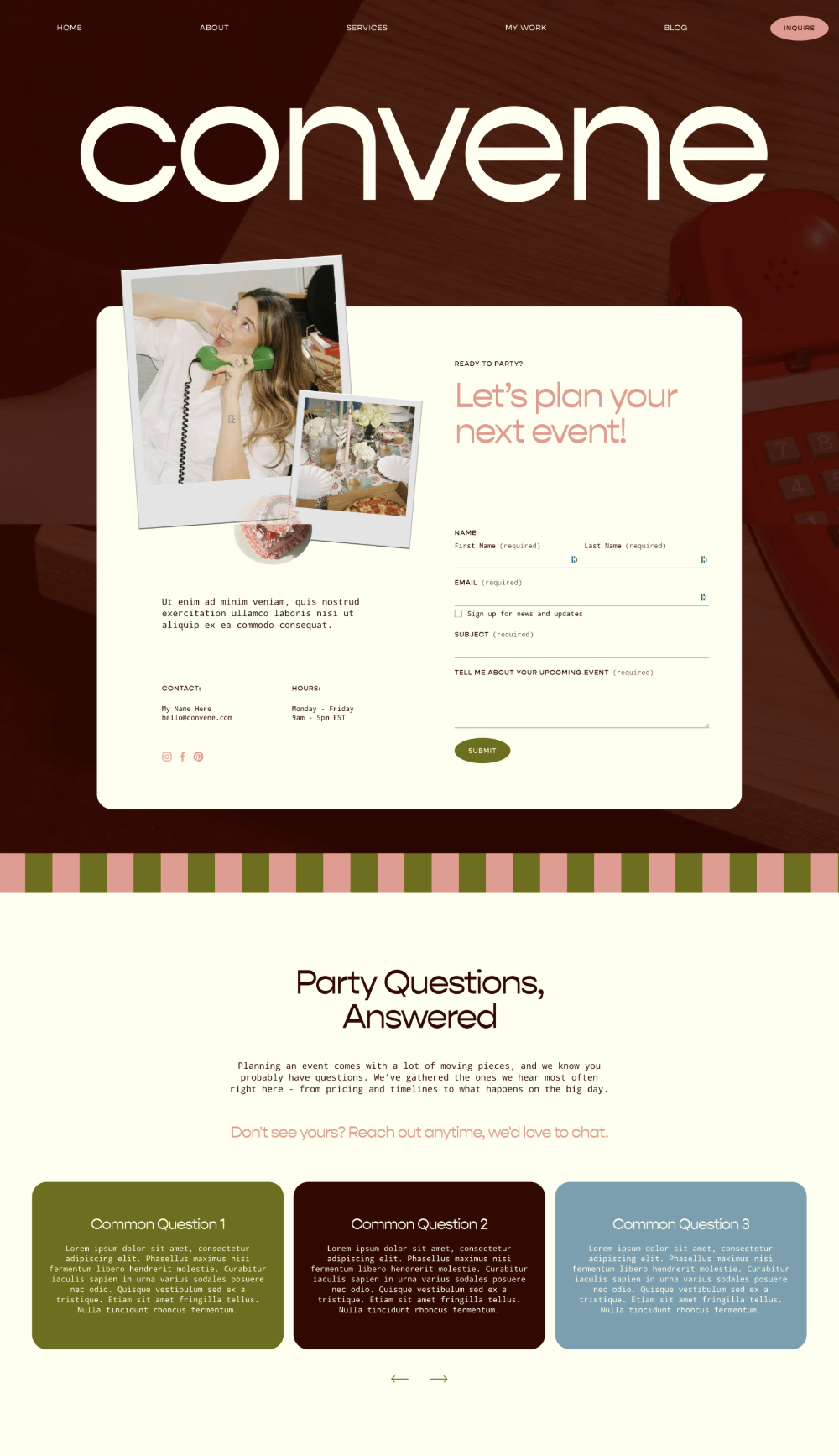 Inquiry page of Convene, a Squarespace website template for wedding planners and service-based businesses.