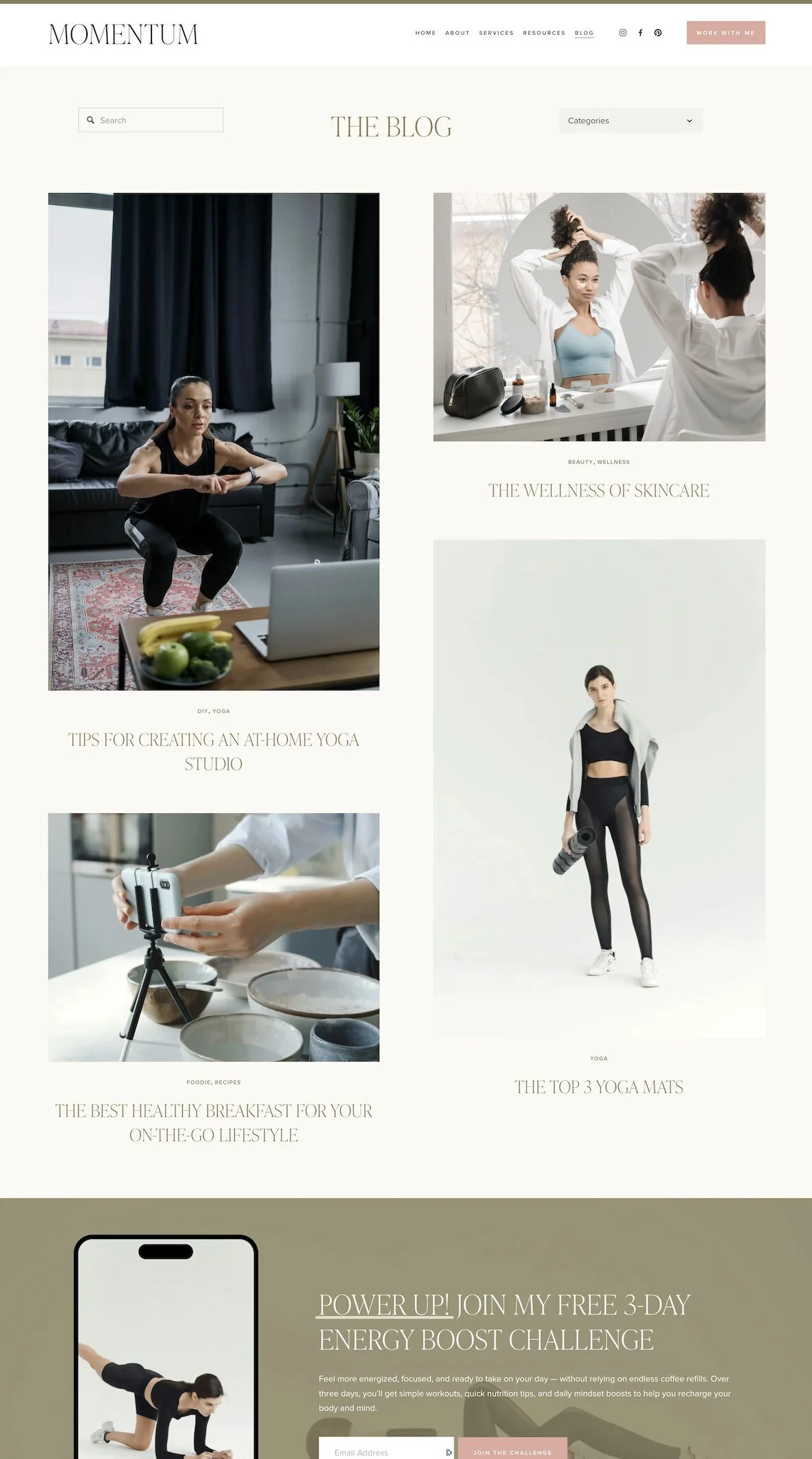 Blog page design of Momentum, a fitness trainer website template for Squarespace.