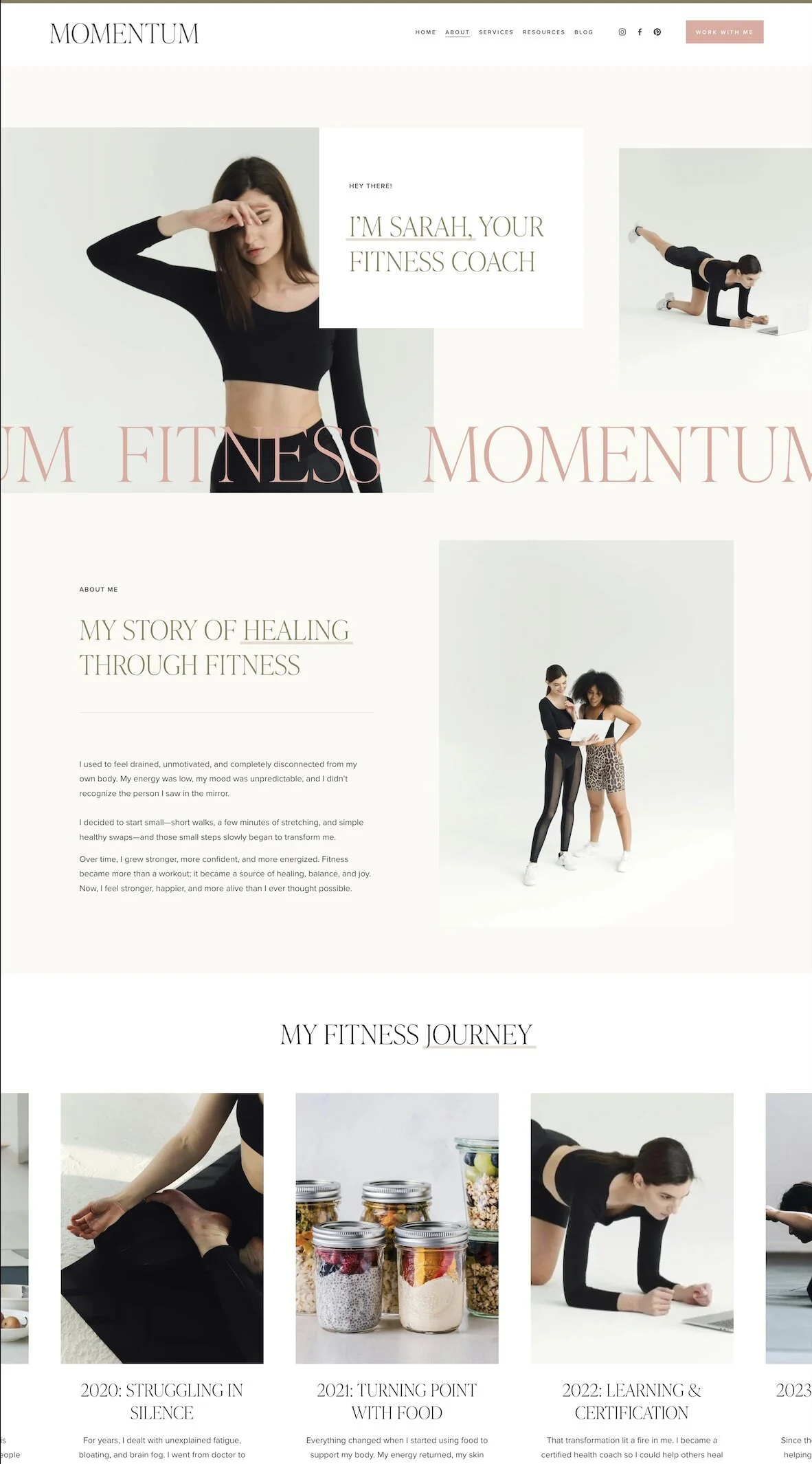 About page of Momentum, a fitness trainer website template for Squarespace.