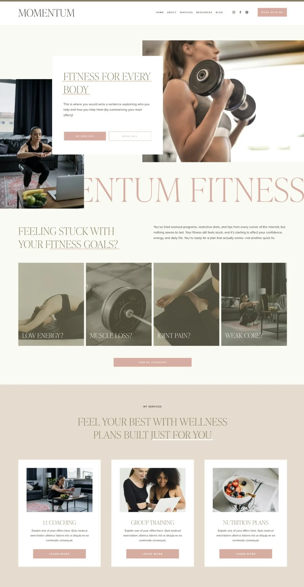 Home page of Momentum, a fitness trainer website template for Squarespace.