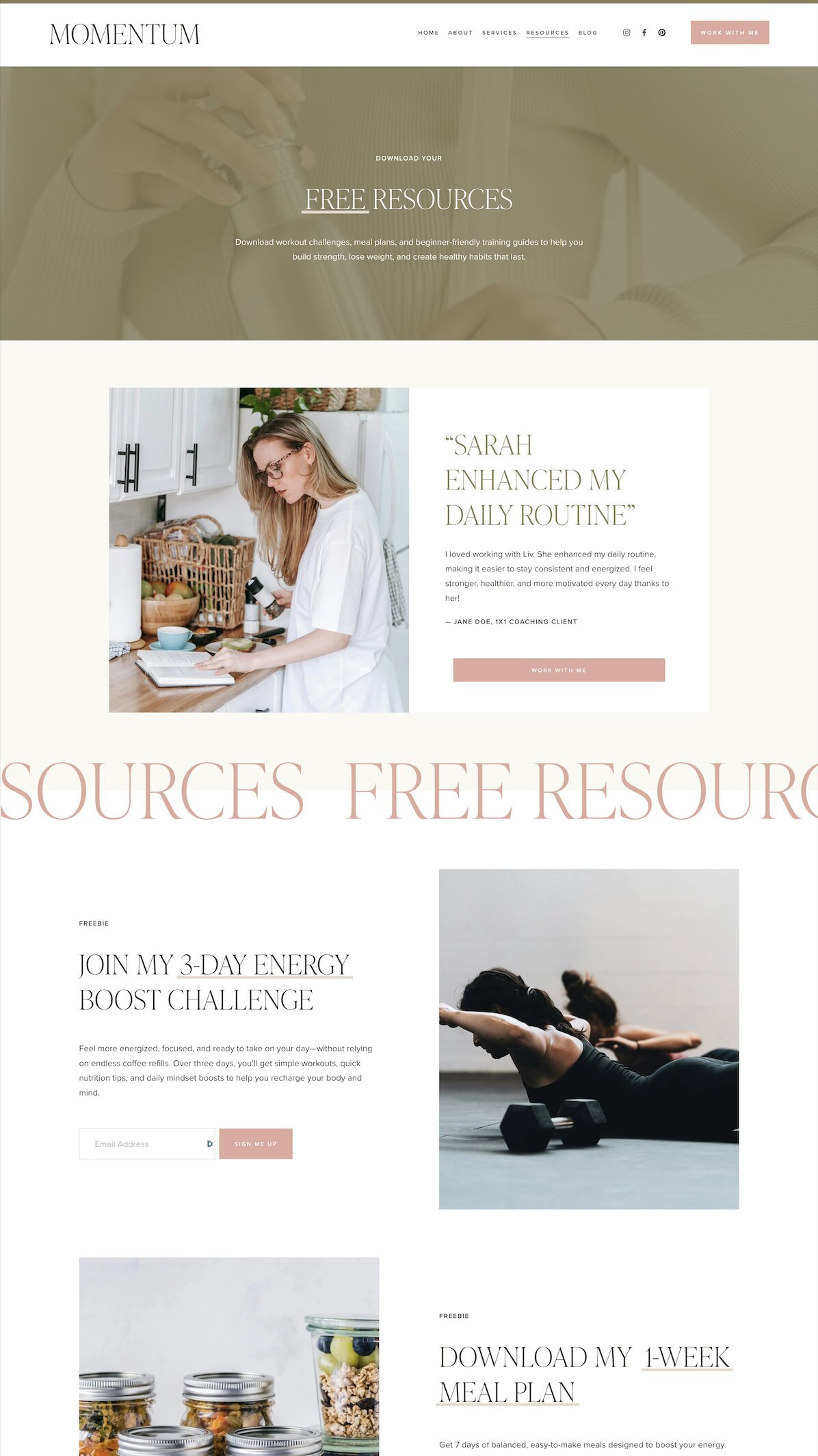 Resources page design of Momentum, a fitness trainer website template for Squarespace.