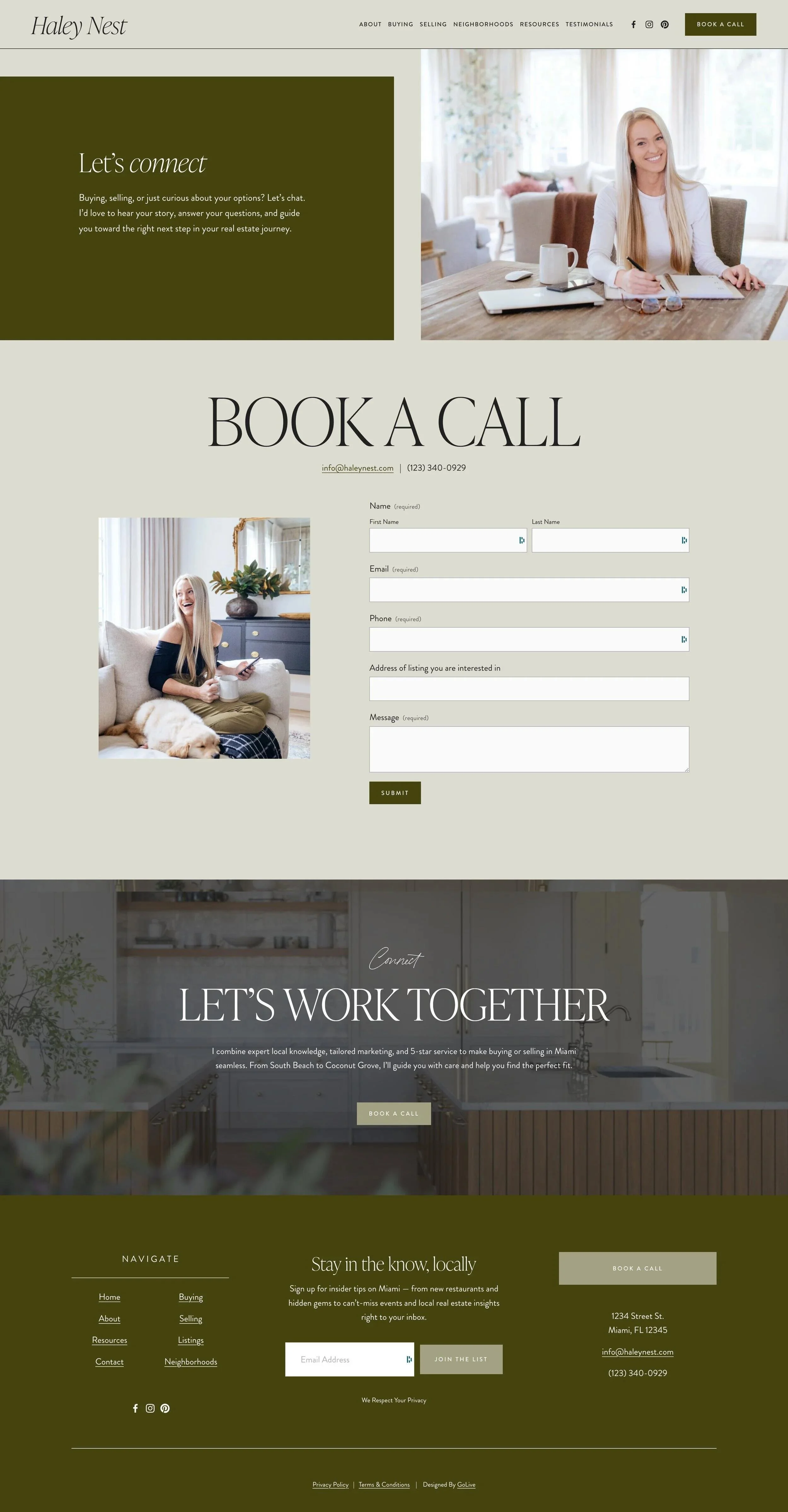 Contact page design of Nest, a realtor website template for Squarespace.