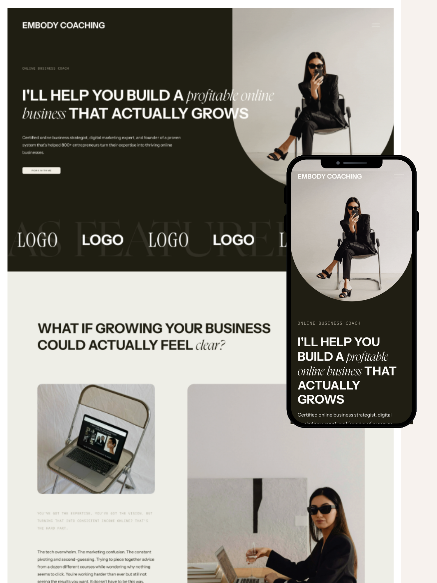 Modern-one-page coaching website template design built on Squarespace.