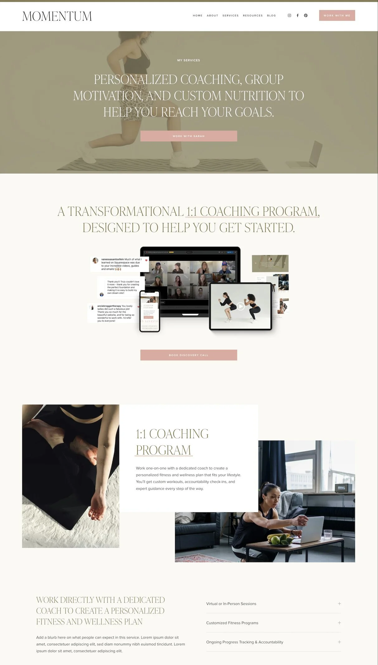Services page design of Momentum, a fitness trainer website template for Squarespace.