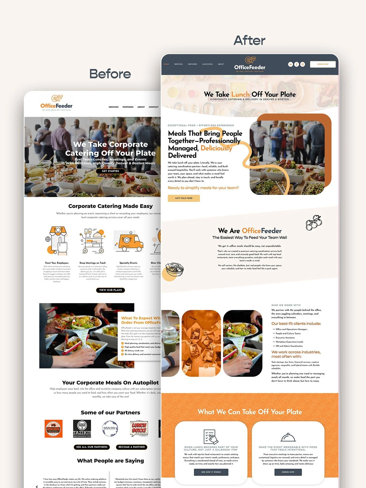 I can&rsquo;t help but post a before and after of the OfficeFeeder website that we launched last month! Their old homepage wasn&rsquo;t doing justice to their personality or unique service. We overhauled it from top to bottom making it more modern, d