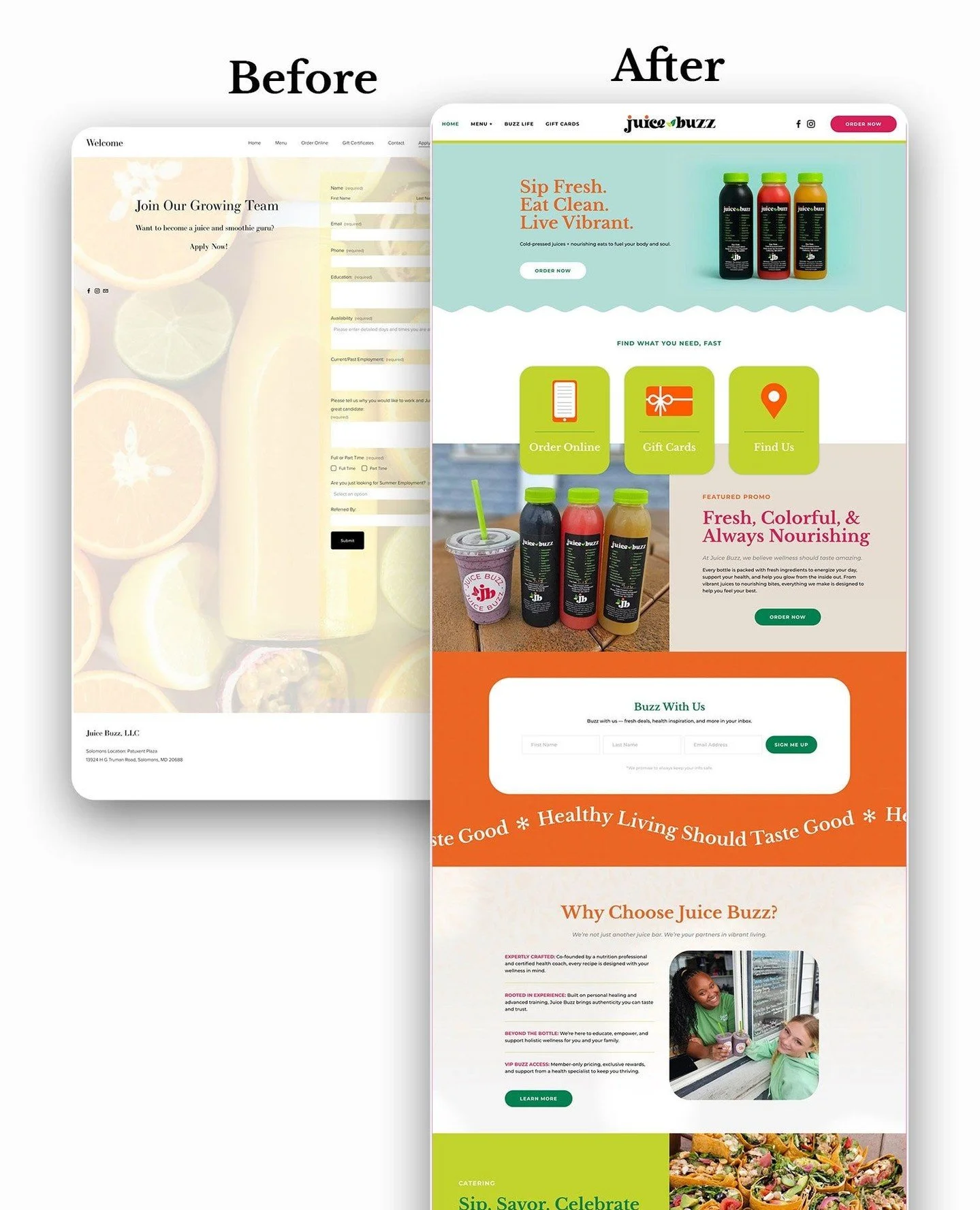 ✨ Sip on this glow up! I shared the launch last week and here's a peek at the before-and-after of the brand new Juice Buzz website. What started as a simple page is now a bright, welcoming, wellness-packed experience that finally reflects the heart o