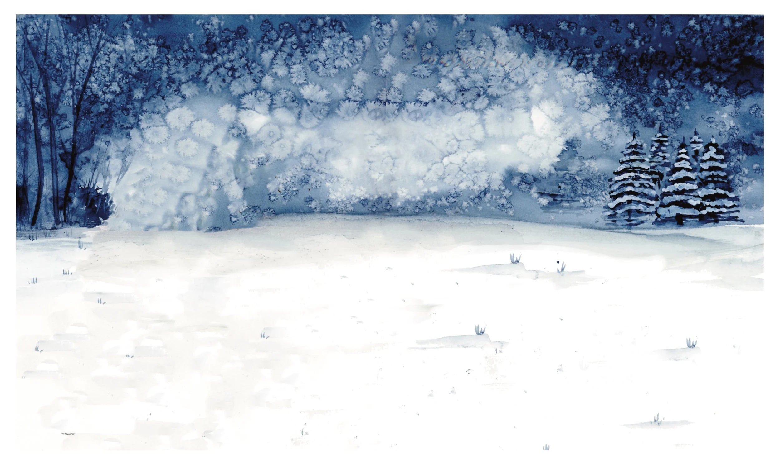 A watercolor painting of a snow-covered landscape with a dark blue sky filled with snowflakes. On the left, there are leafless trees, and on the right, there are several snow-covered evergreen trees. The ground is entirely covered in white snow with 