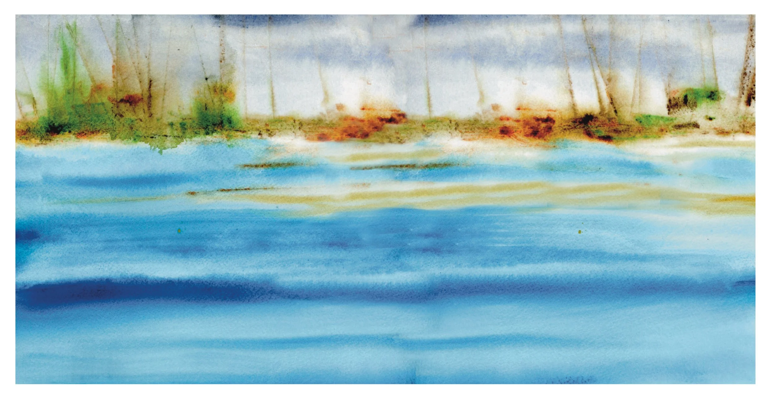 Watercolor painting of a shoreline with trees in the background, water in the foreground, and light blue sky above.