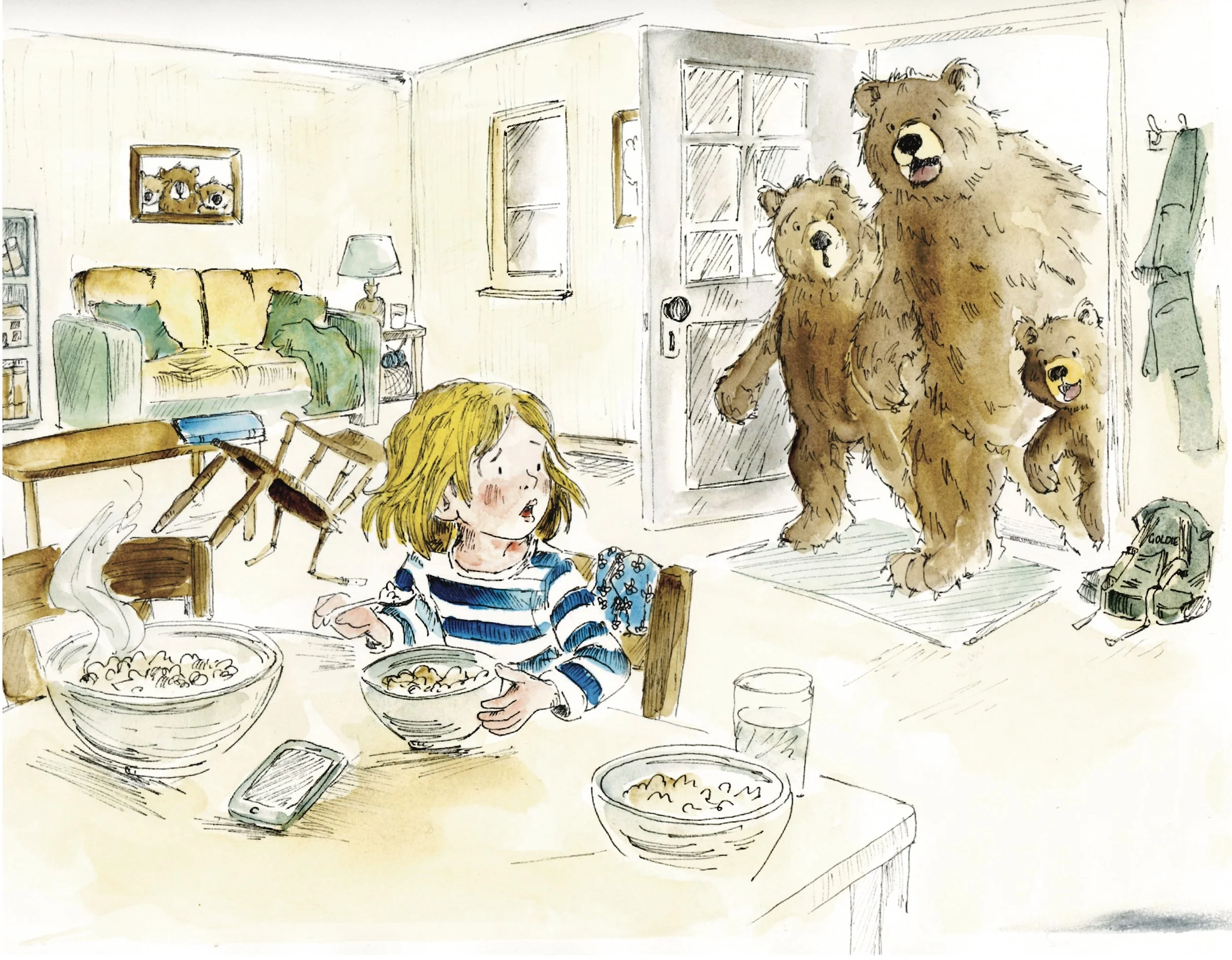 A girl sitting at a dining table with a bowl of cereal, looking startled as three bears enter from the front door, one of them larger than the others. The room shows a living area with a sofa, a lamp, and some chairs and furniture.