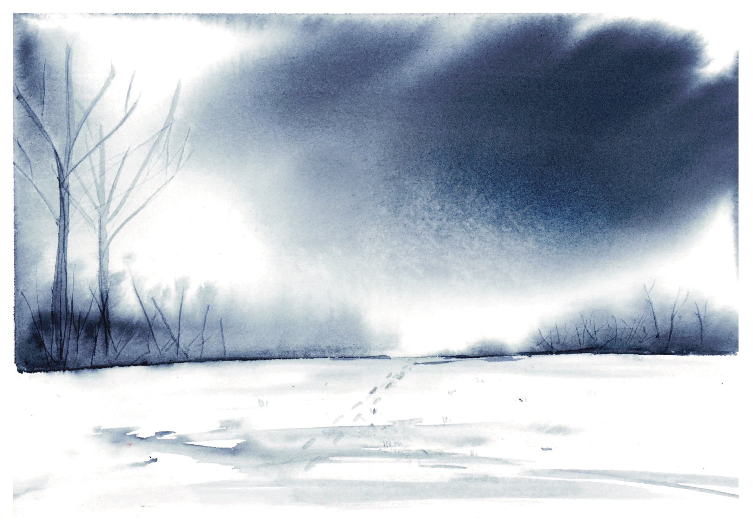 Watercolor painting of a snowy landscape with distant trees on the left and dark stormy sky overhead.